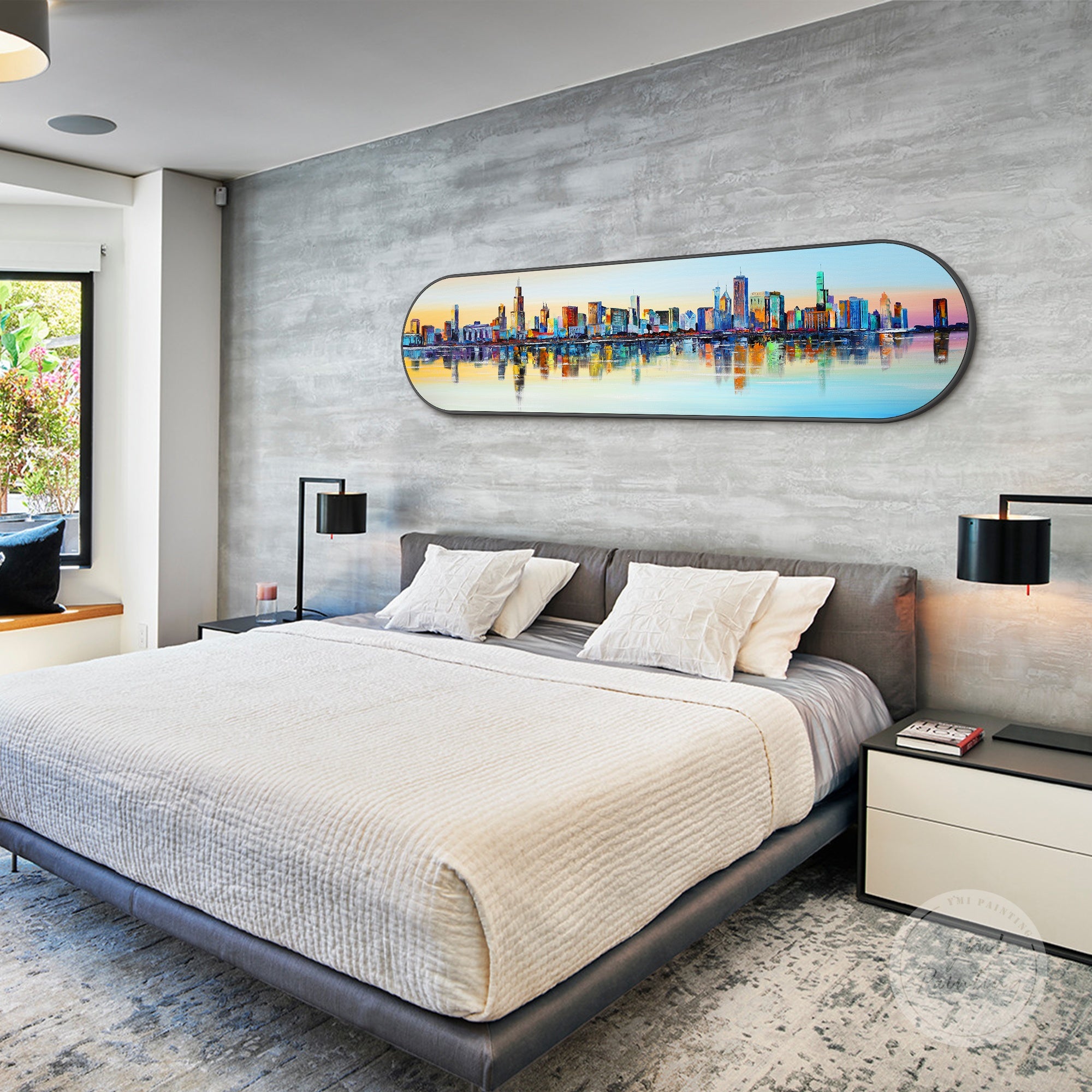 Abstract Chicago skyline oil painting in vivid colors, framed canvas art for modern urban spaces.