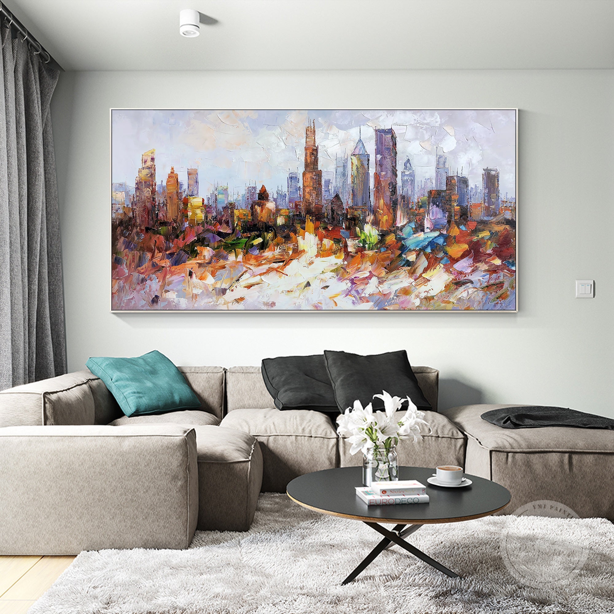 Modern Chicago skyline painting with abstract design, perfect for city lovers and contemporary art fans.