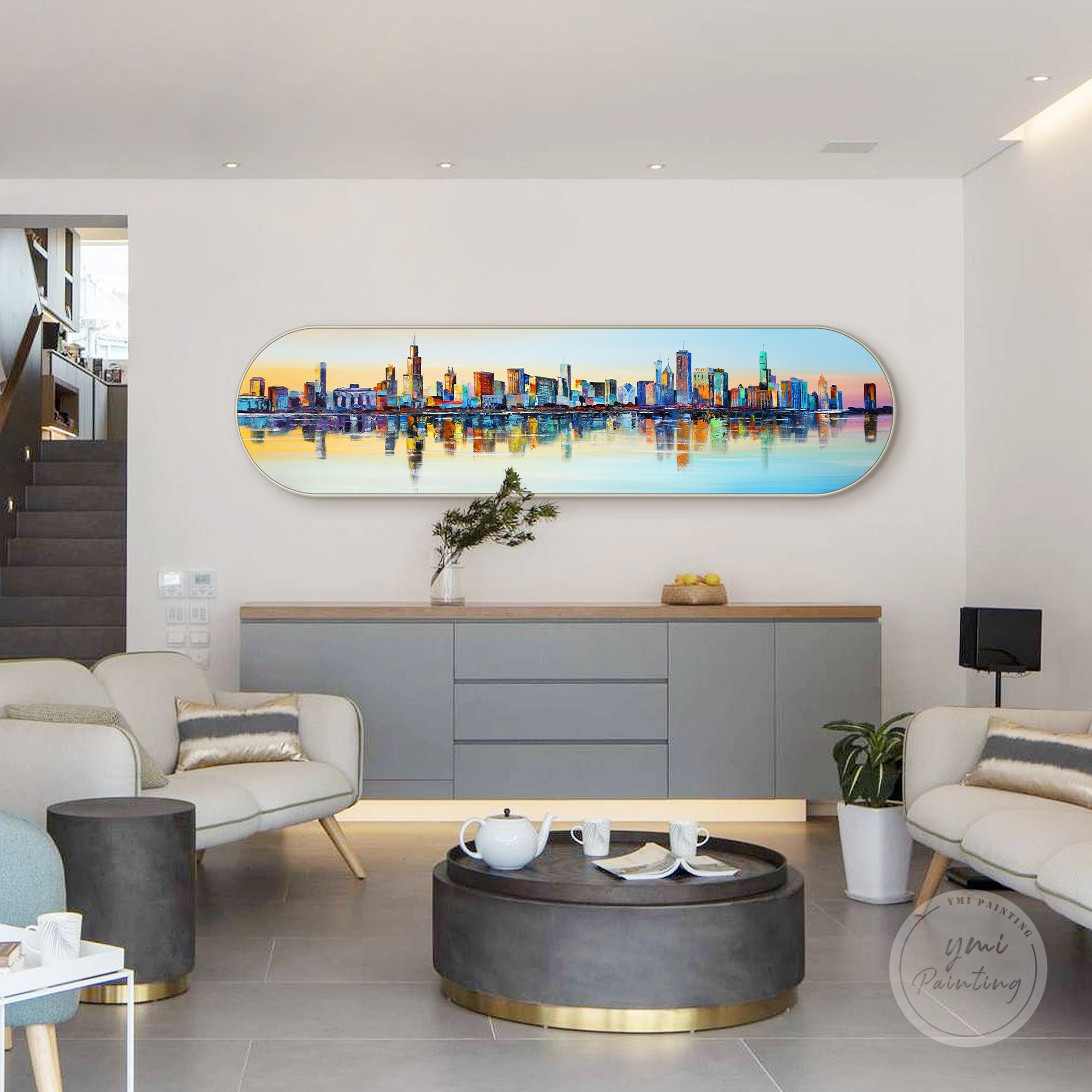 Modern Chicago skyline painting with vivid colors and expressive abstract palette knife art.