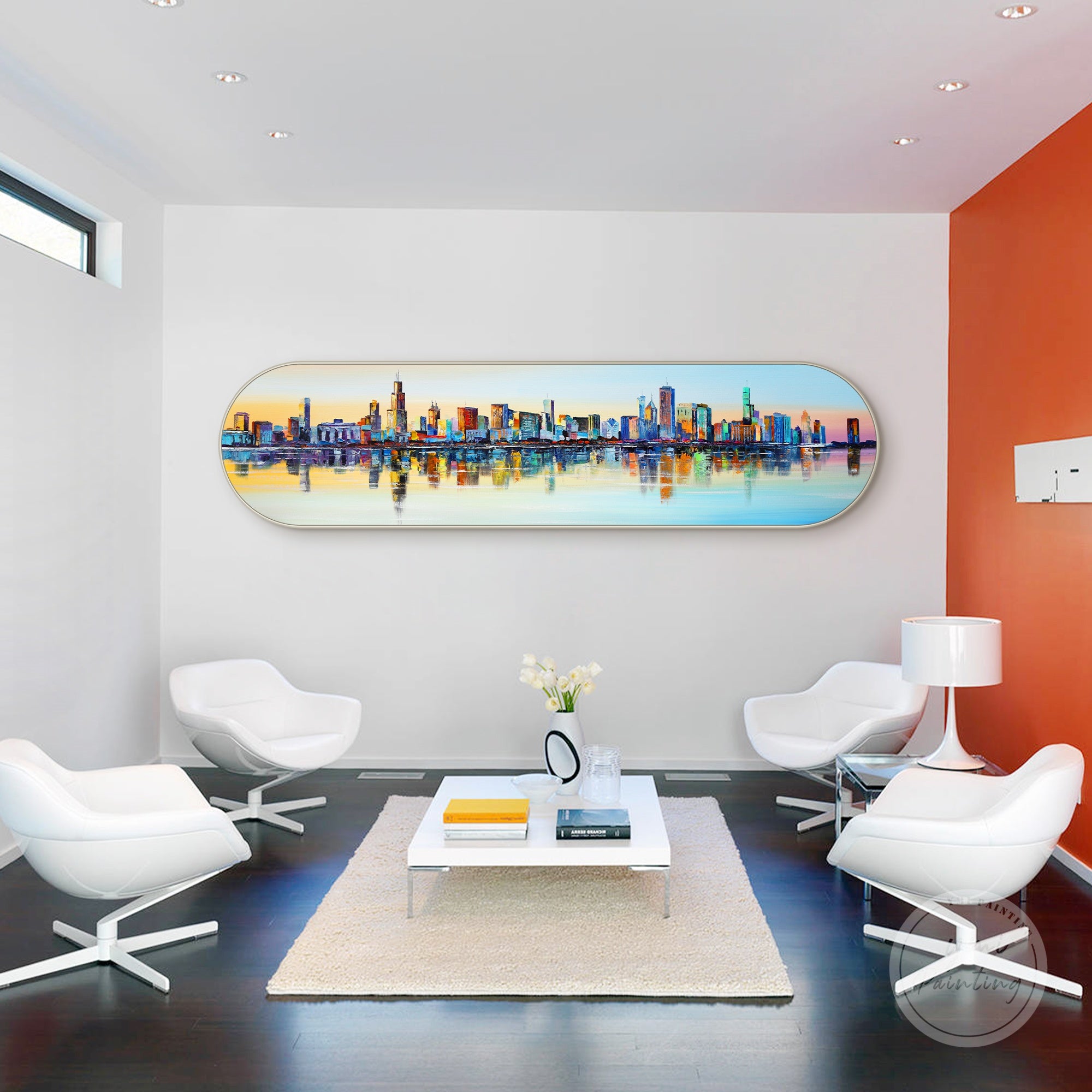 Hand-painted colorful Chicago cityscape art with bold abstract strokes and dynamic texture.