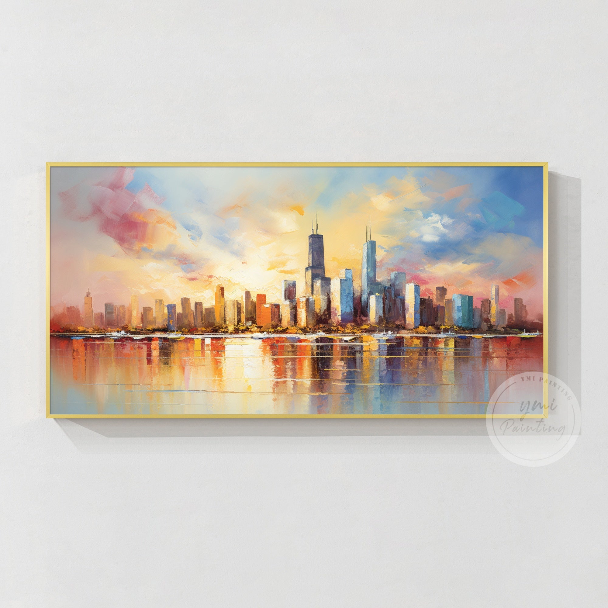 Cityscape painting above console table, elegant gift for friends or family