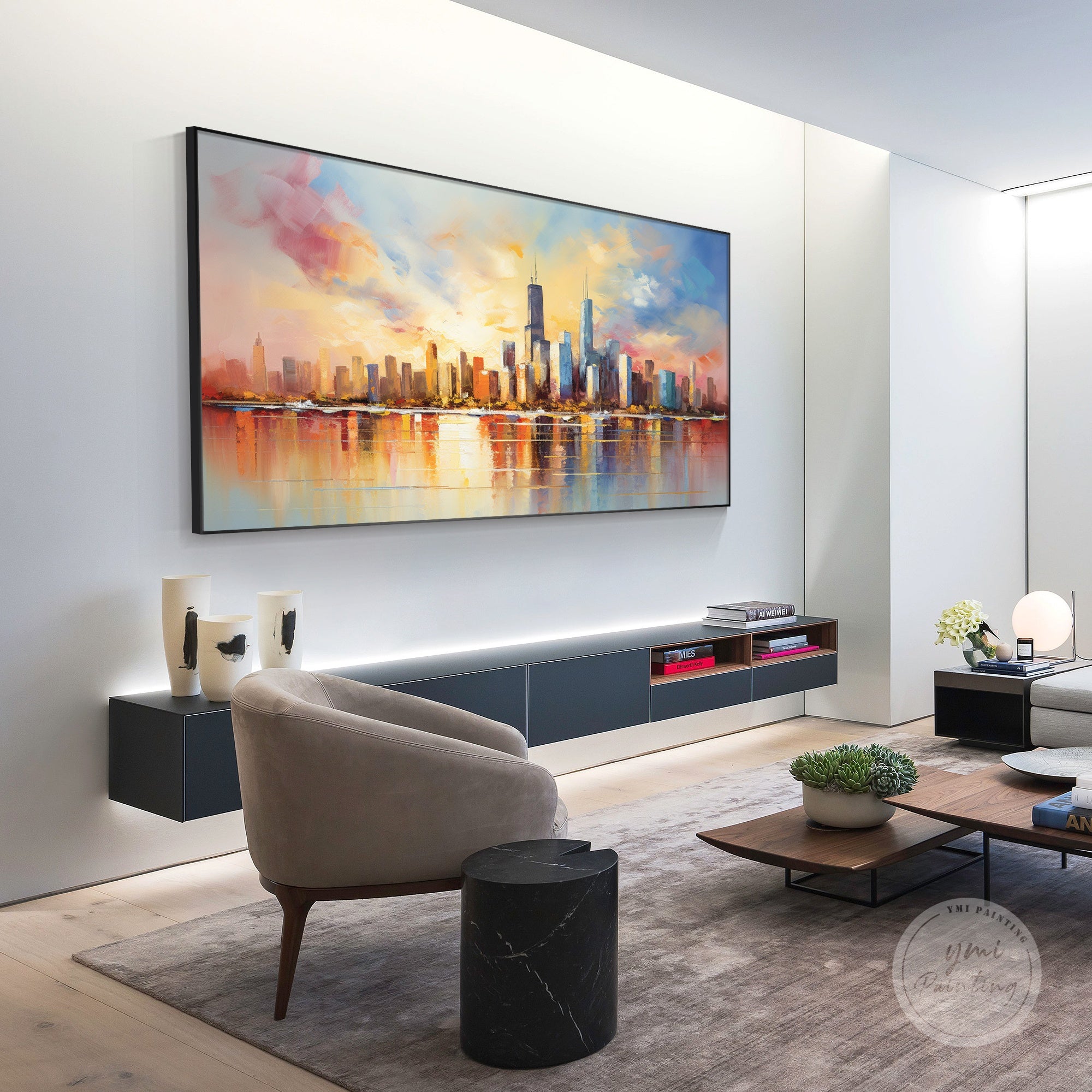 Chicago skyline painting in home office, perfect corporate gift