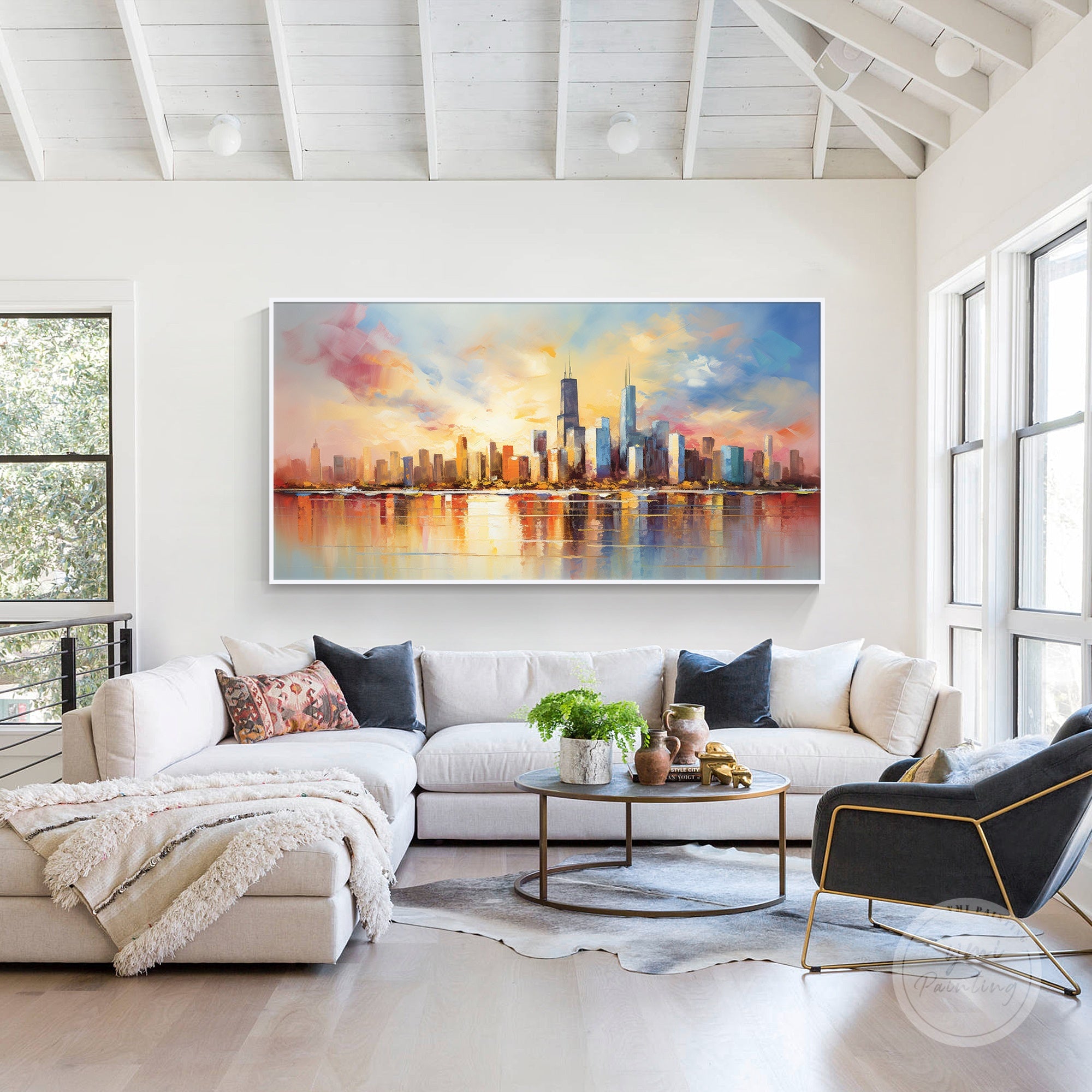Hand-painted Chicago cityscape in dining room, stylish wedding gift