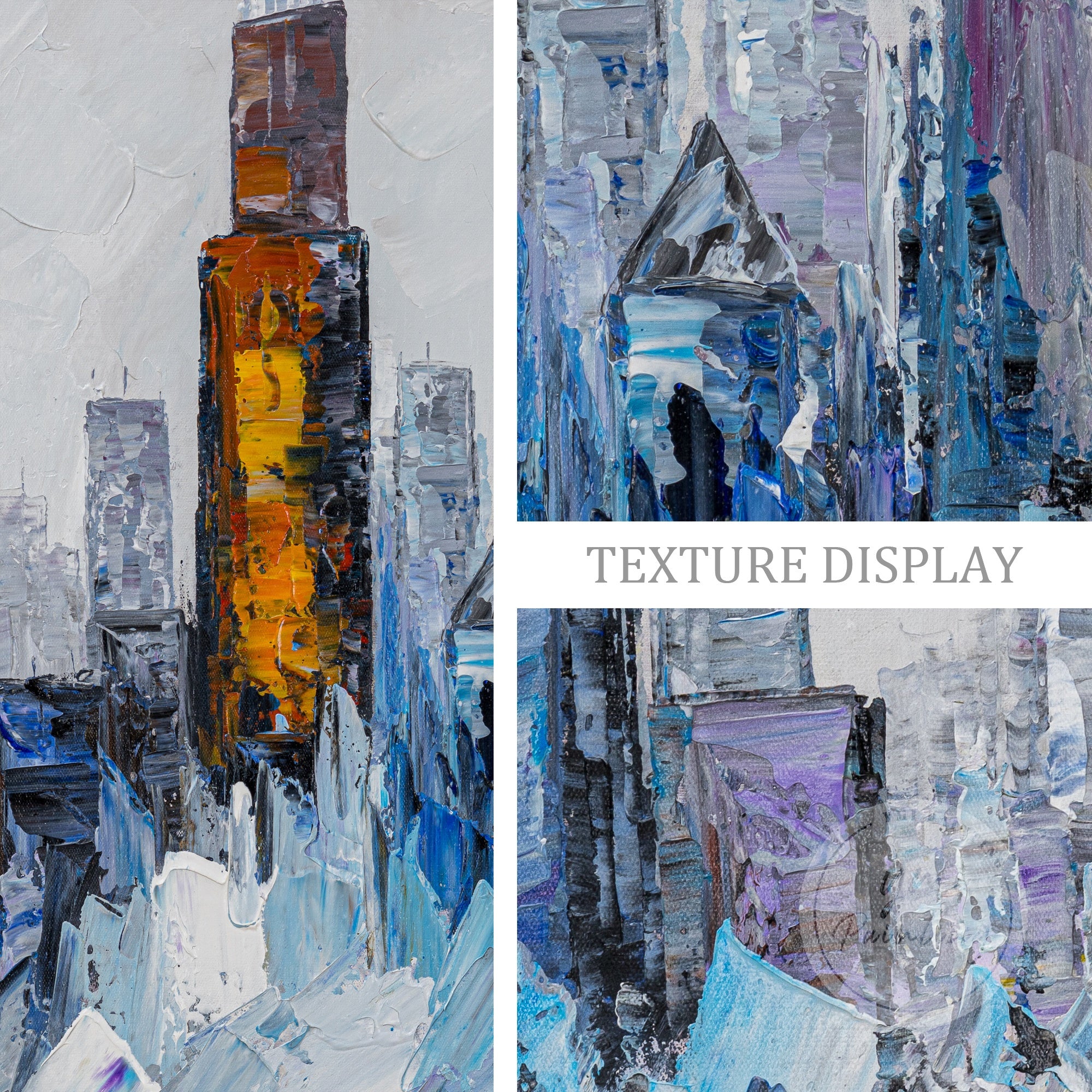 Textured Chicago wall art in blue and gold hues, capturing the beauty and energy of the cityscape in a stunning abstract style.