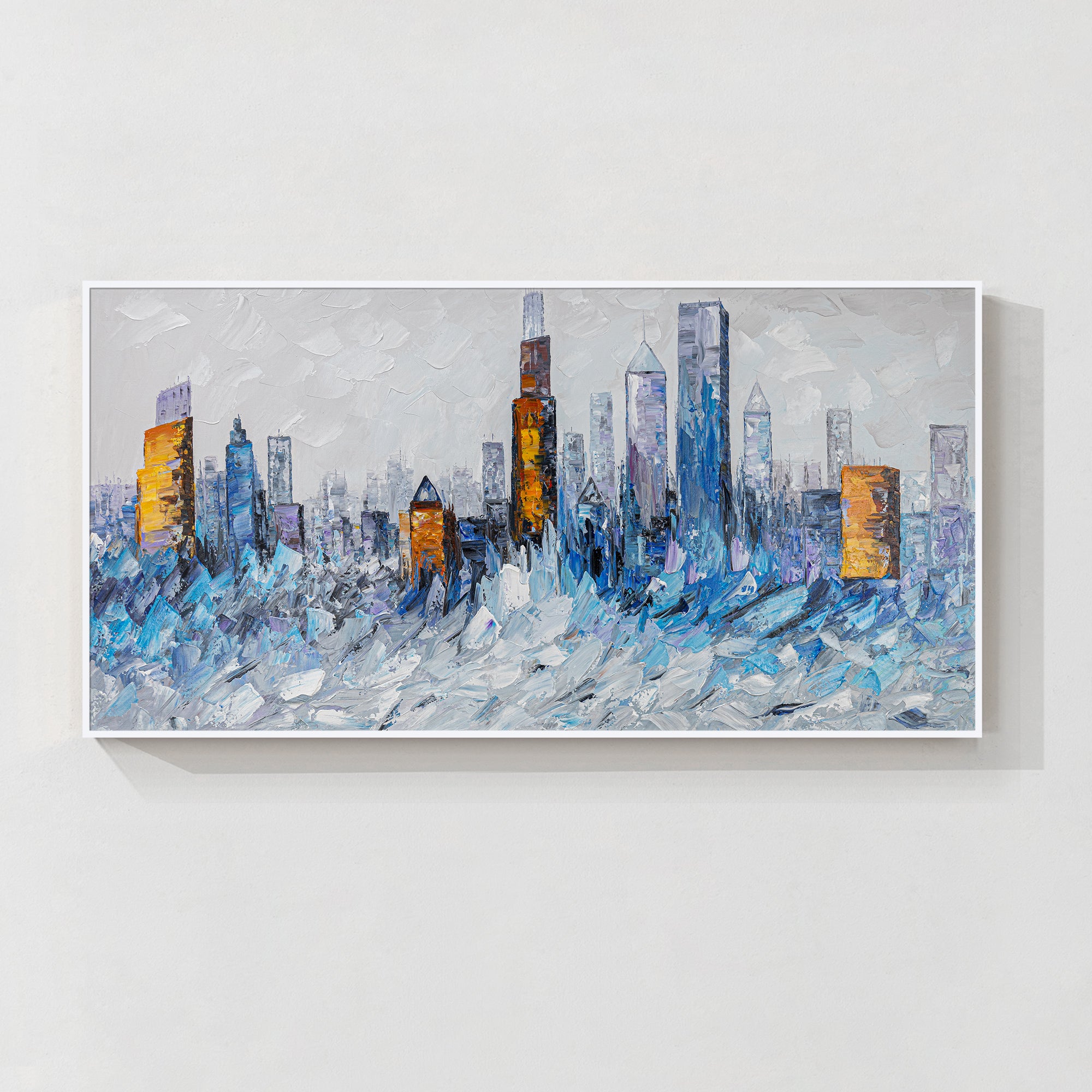 Blue and gold Chicago skyline art, featuring powerful textures and dramatic colors to create a statement piece for your walls.