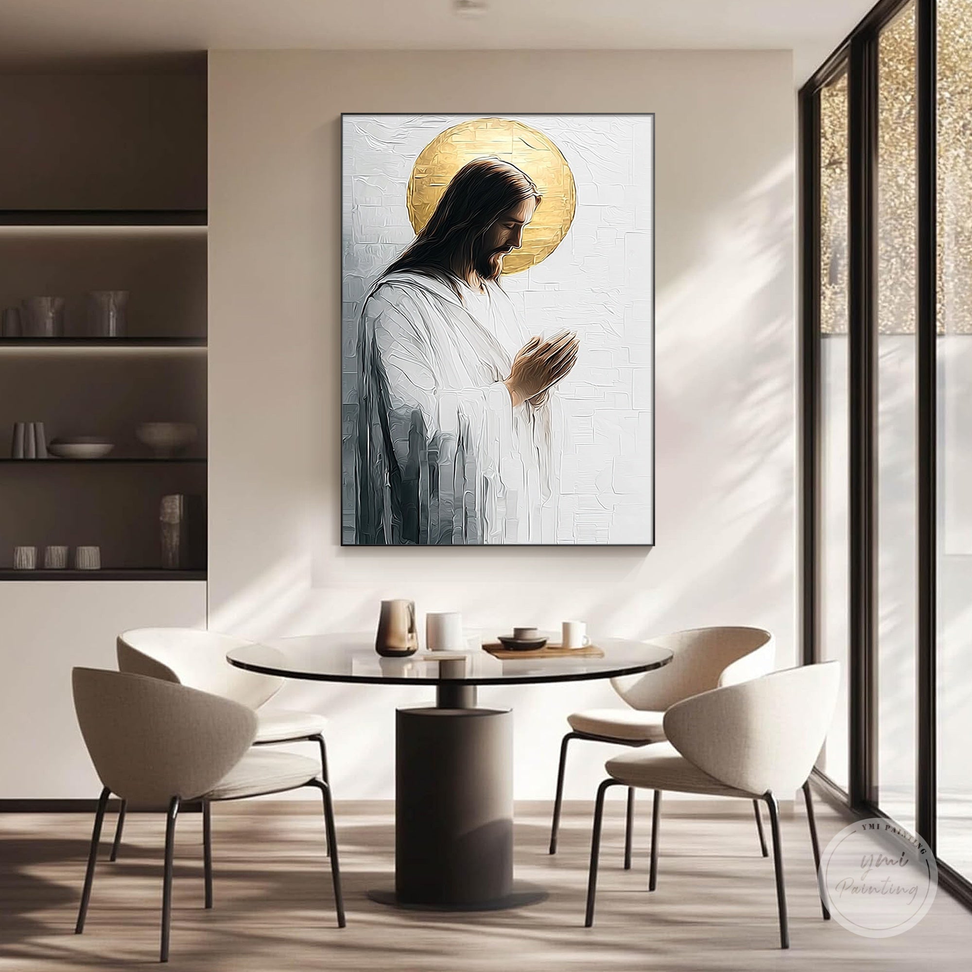 Opera d'arte della preghiera di Gesù sopra un tavolo da pranzo che aggiunge calore e significato spirituale.