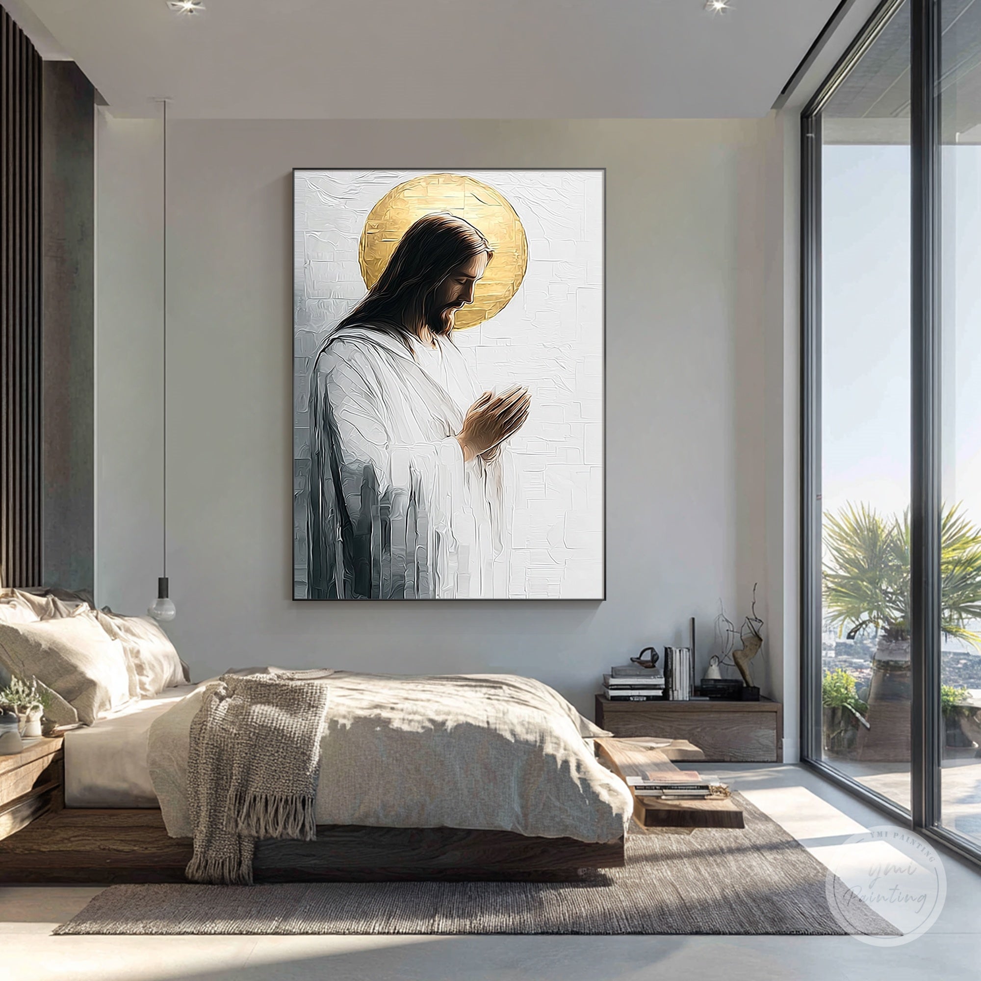 Dipinto di Gesù Cristo con aureola in un soggiorno luminoso che aggiunge calma e devozione.