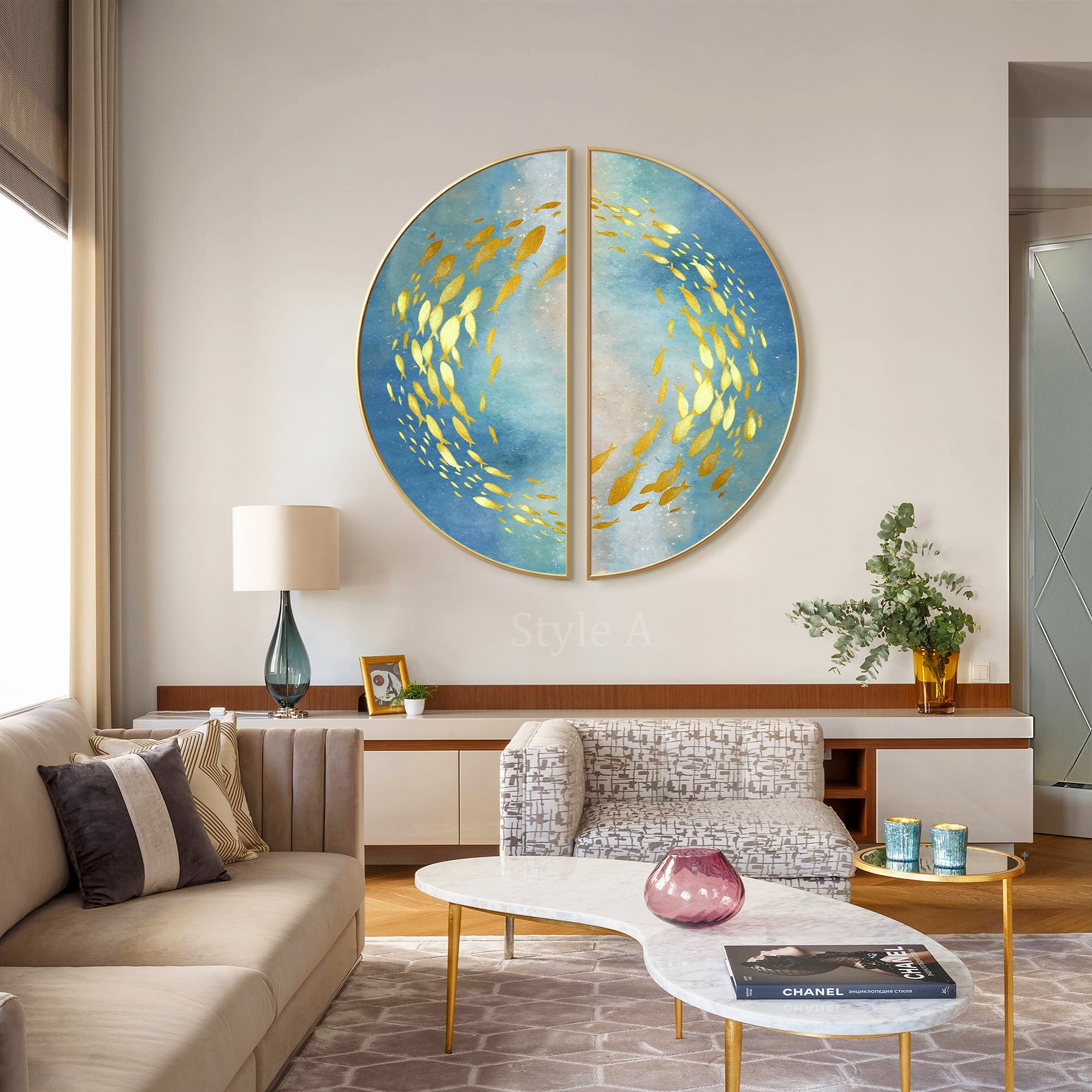 Symmetrical abstract wall art set of 2 with circular composition