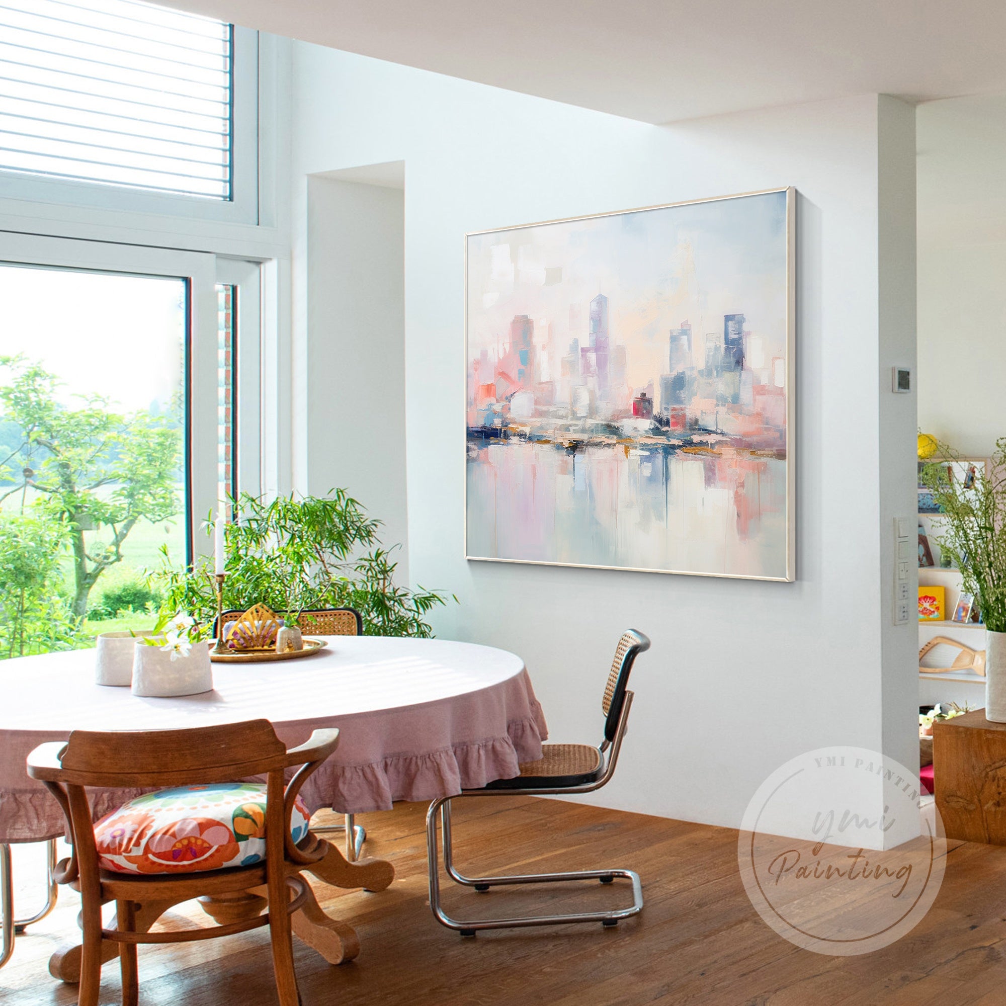Soft pastel city wall art with a dreamy skyline in shades of pink and blue, creating a peaceful focal point for your room.
