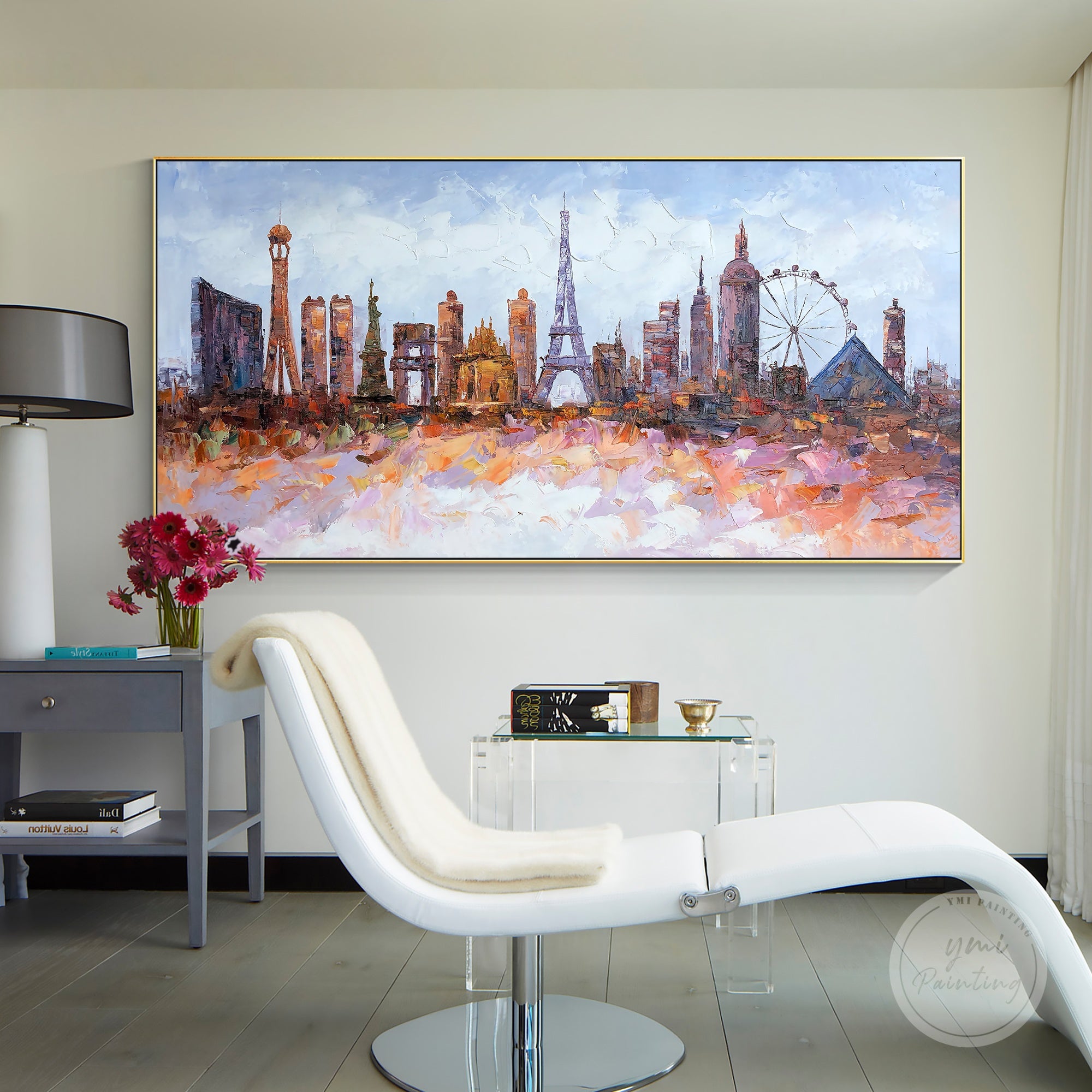 Hand-painted Las Vegas cityscape on canvas, featuring bold abstract strokes and dynamic textures.