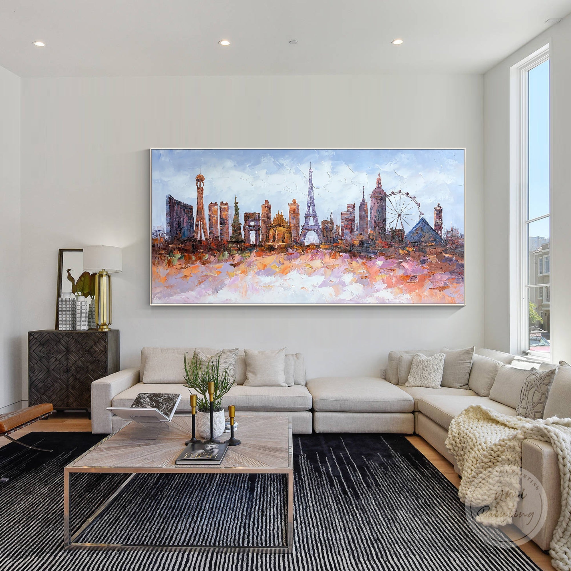 Abstract oil painting of Las Vegas, with vibrant colors and textured brushwork, perfect for modern interiors.