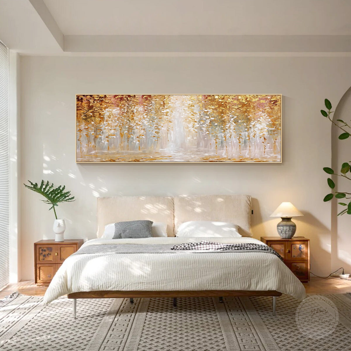 Champagne gold abstract canvas art featuring irregular golden accents and soft ivory textures.