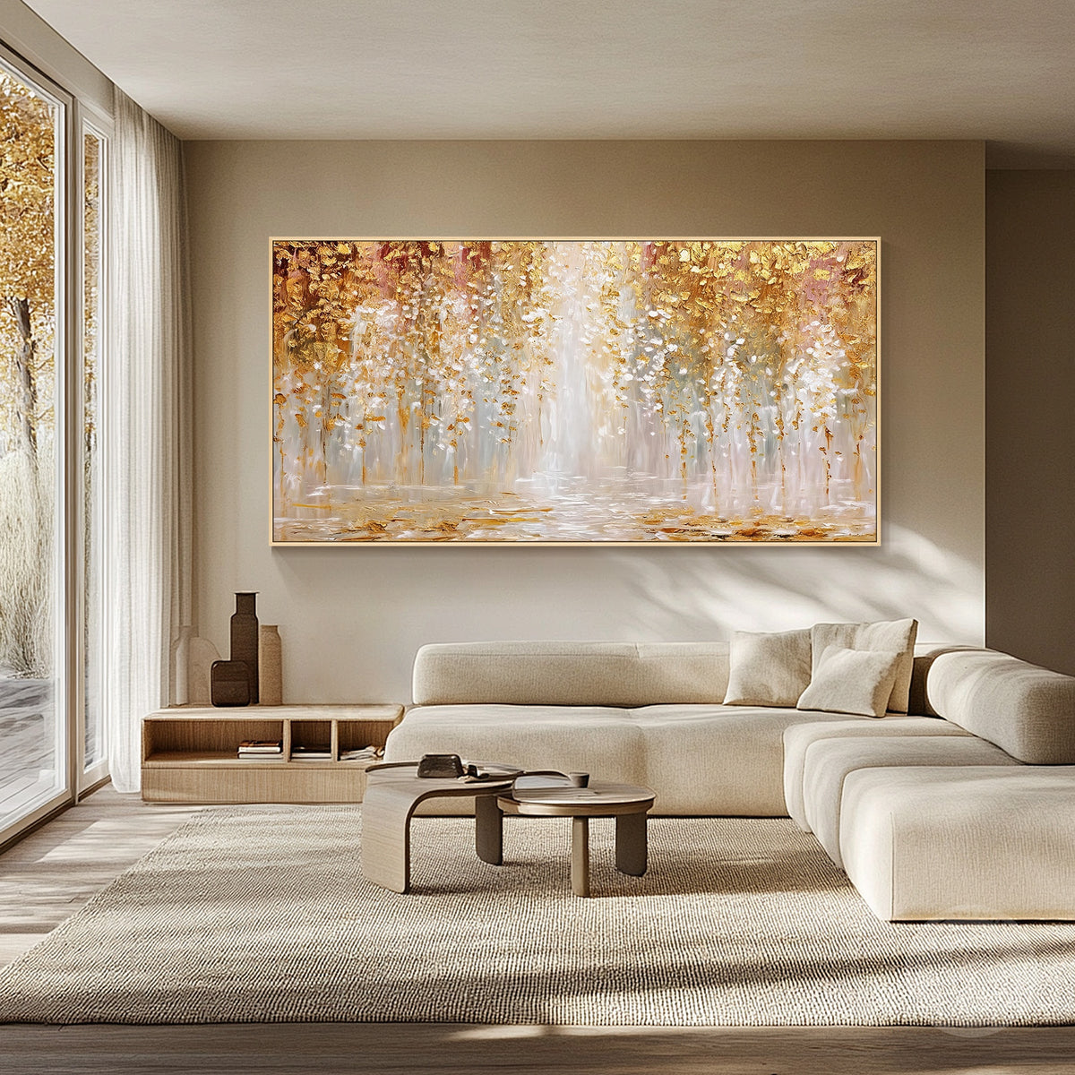 Modern luxury abstract wall painting with gold-toned details and creamy white brushwork.