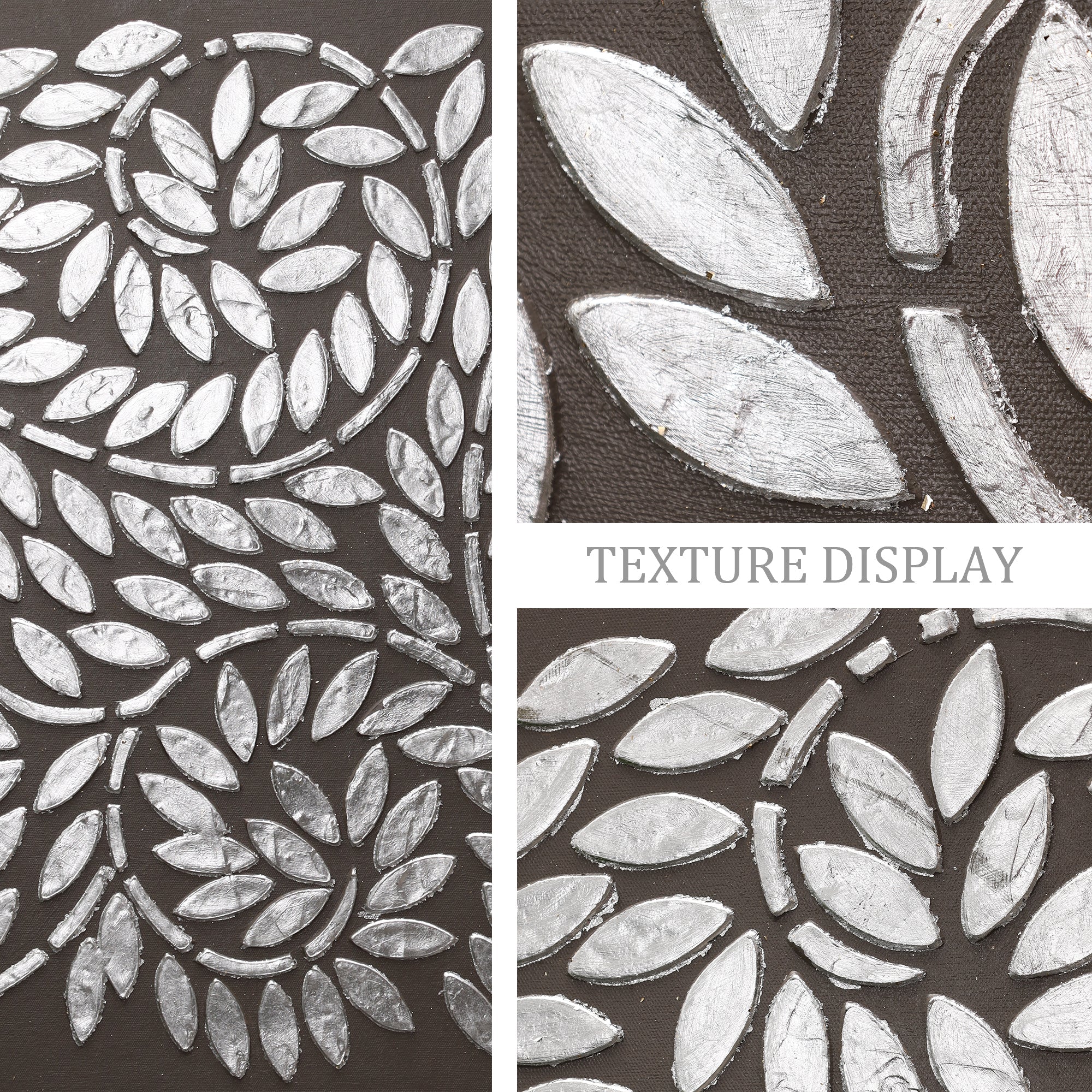 Close-up detail of silver leaves and textured branches on black canvas