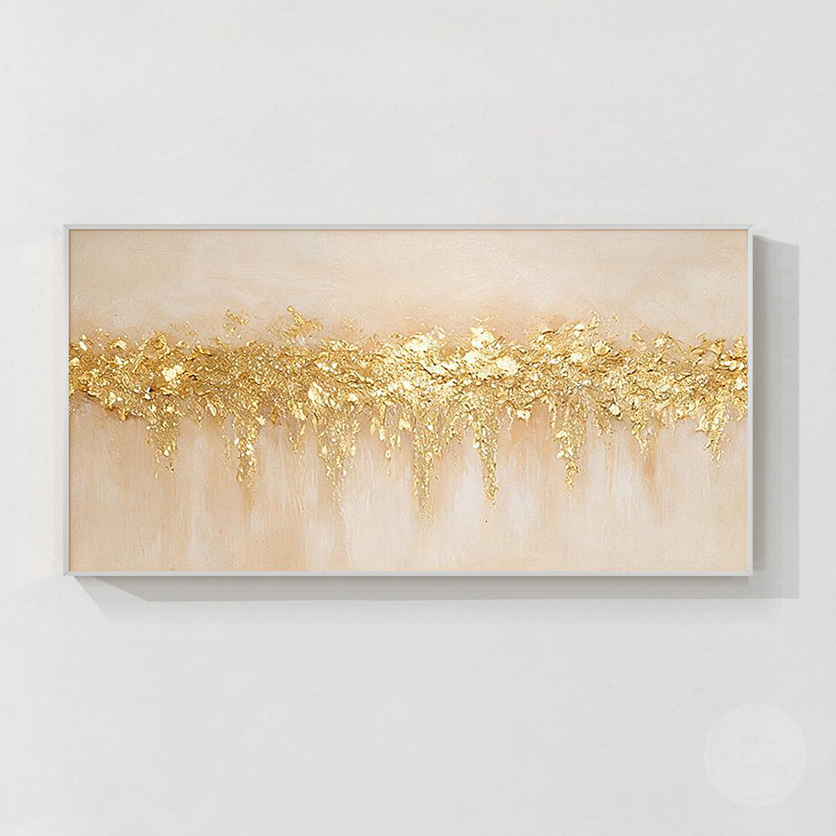 Detailed view of gold-toned surface texture on a neutral abstract canvas painting.