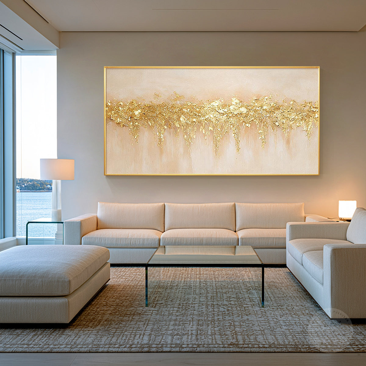 Horizontal gold abstract painting with irregular raised texture and cream neutral tones.