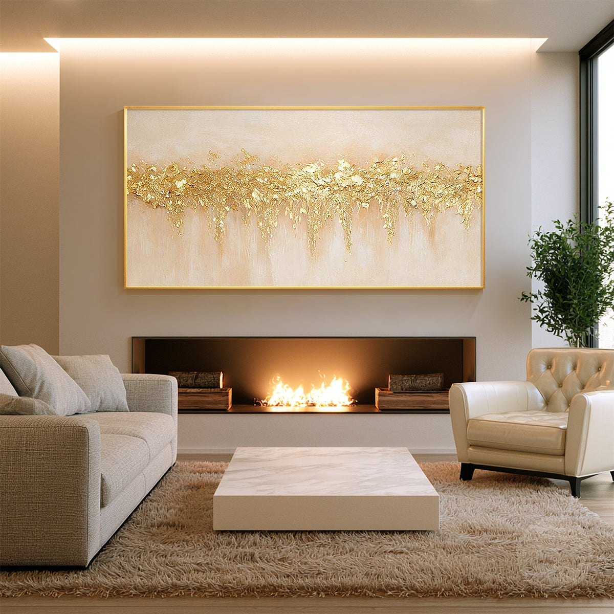 Gold leaf style abstract painting with warm ivory, sand beige, and metallic-inspired accents.