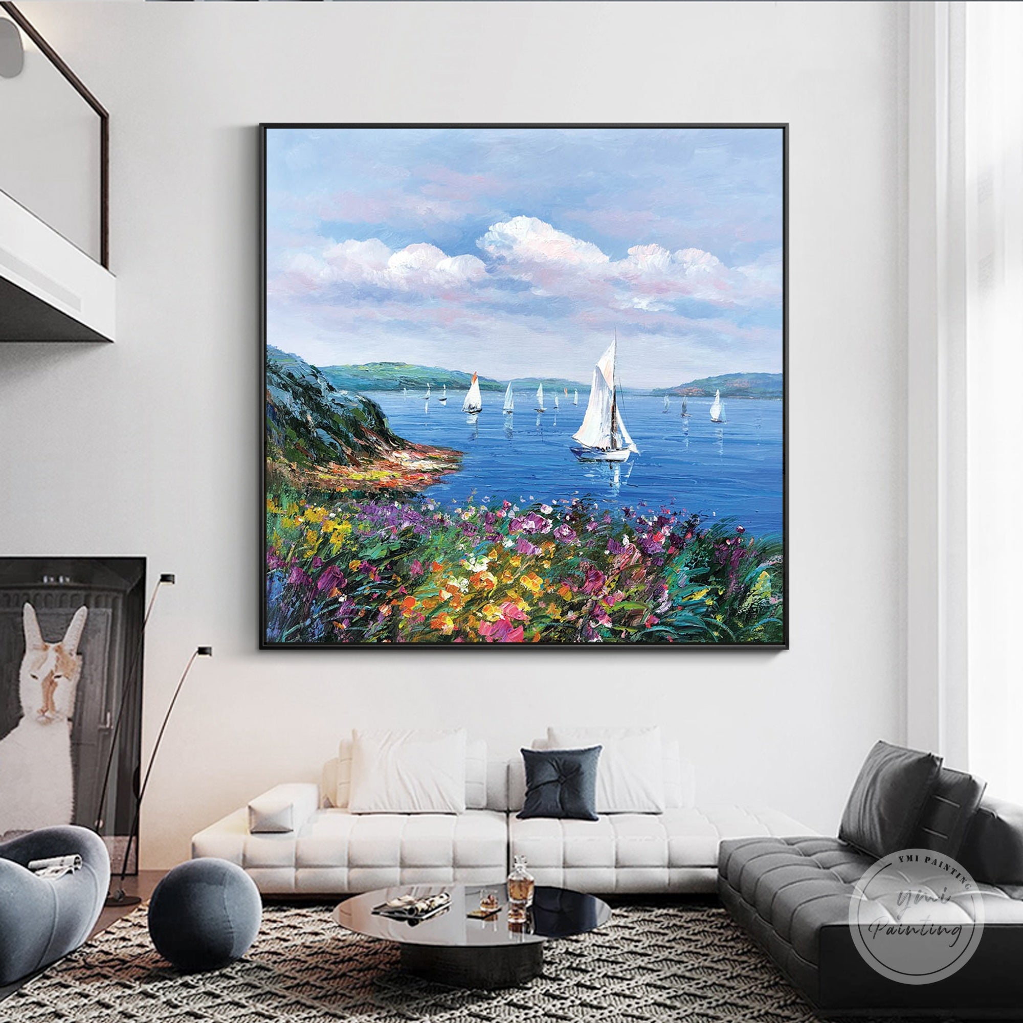 Coastal sailboat wall art for living room interior with bright floral foreground and blue sea