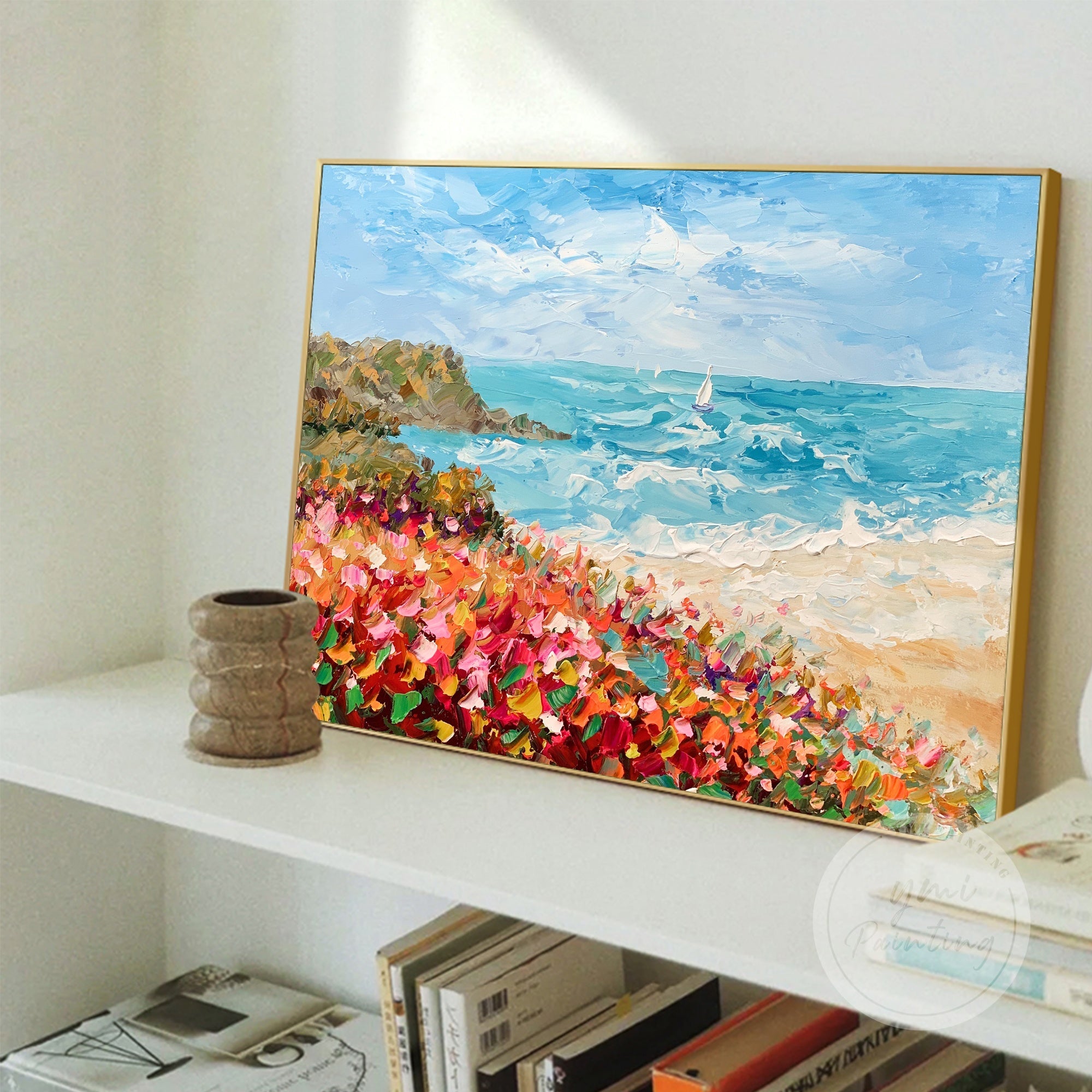 Vibrant coastal abstract painting featuring dynamic waves, flowers, and a peaceful sailboat under golden sunlight.