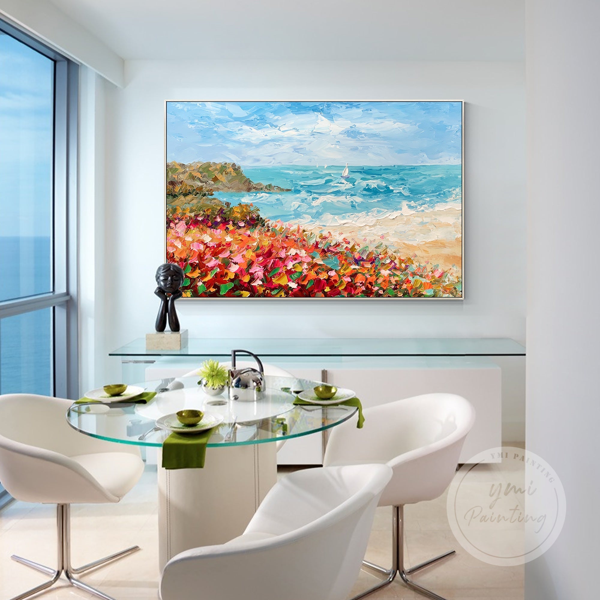 A lively beach scene featuring colorful flowers, sailboats, and waves, bringing a cheerful and vibrant atmosphere to modern living room.