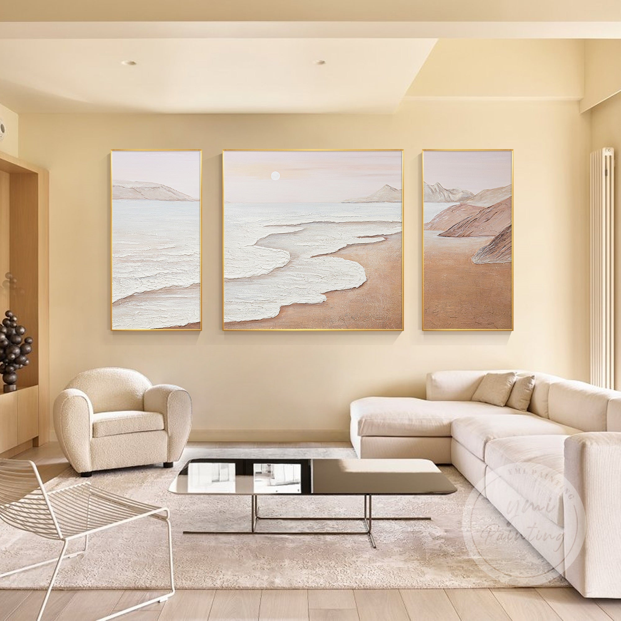 Three-panel artwork with soft ocean tones and a pink sky offers a peaceful and calming touch to your master bedroom design.