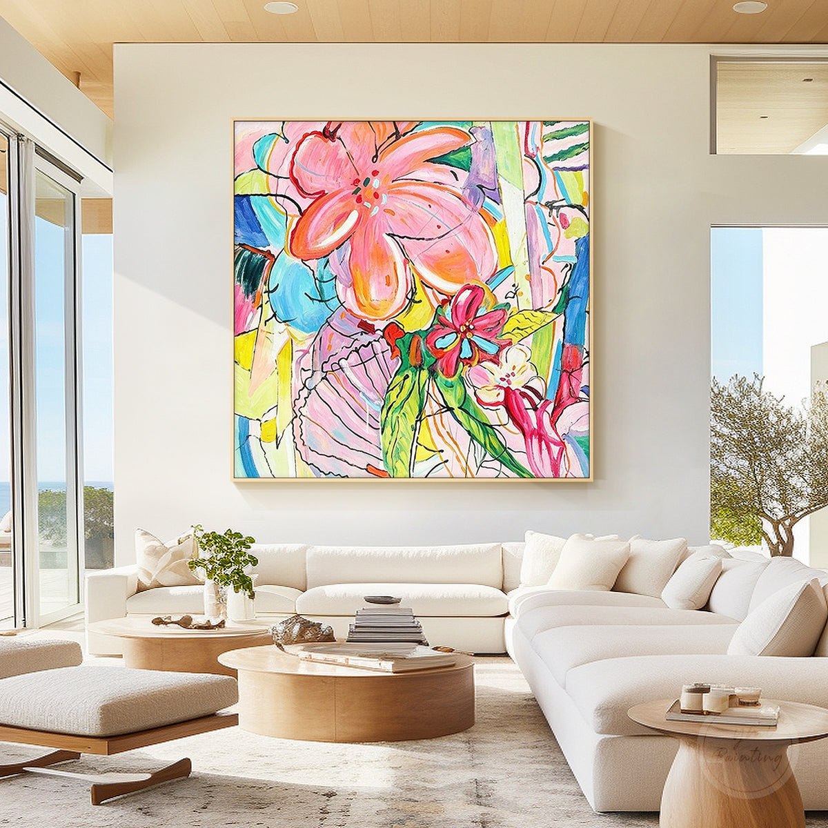 Abstract floral canvas art with pink flowers green leaves and vibrant colors
