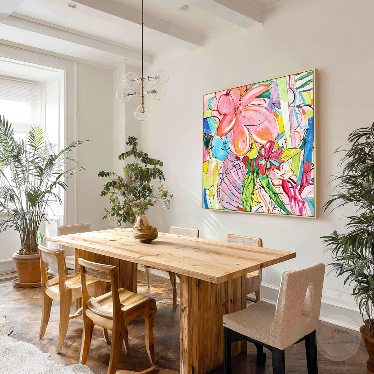 Colorful botanical painting with expressive floral shapes and layered details