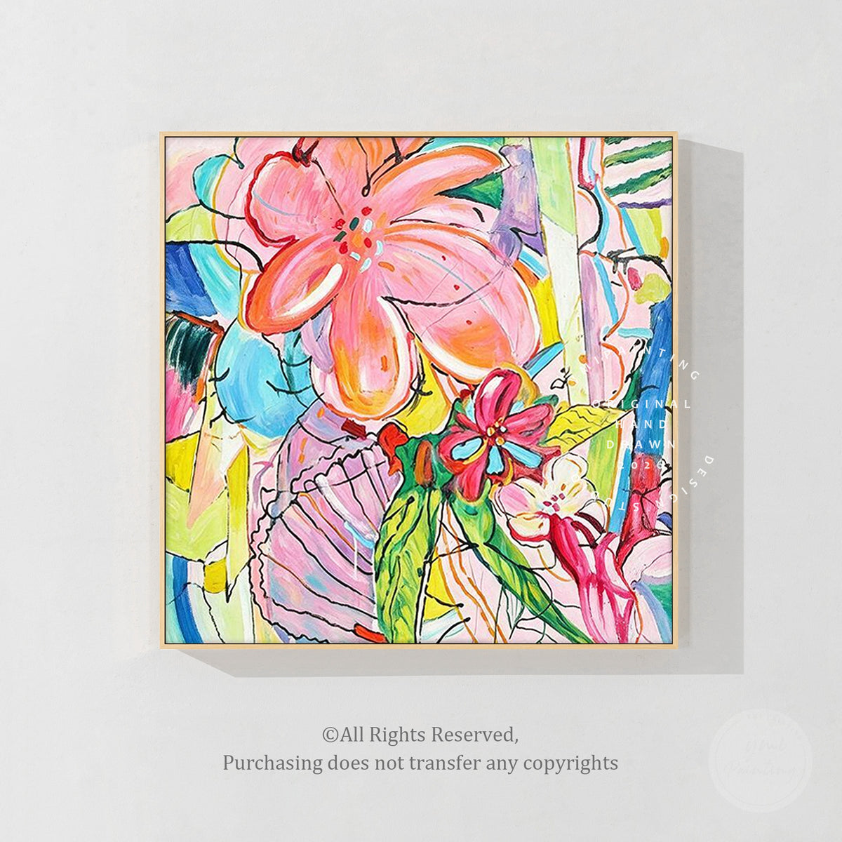 Modern botanical canvas artwork with colorful floral composition