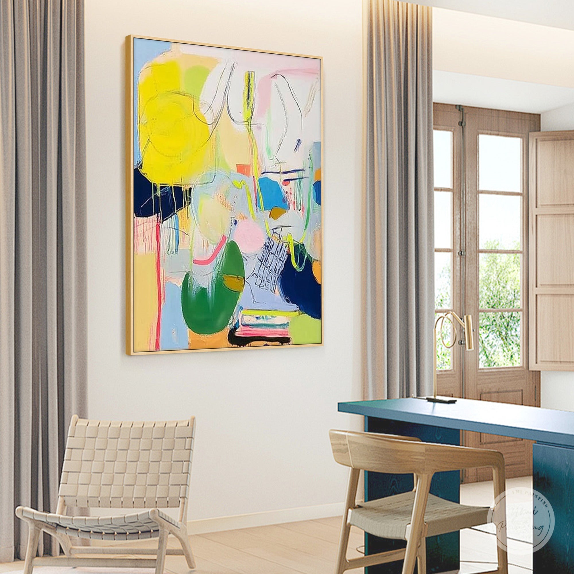 Colorful abstract wall art enhancing an open living room interior