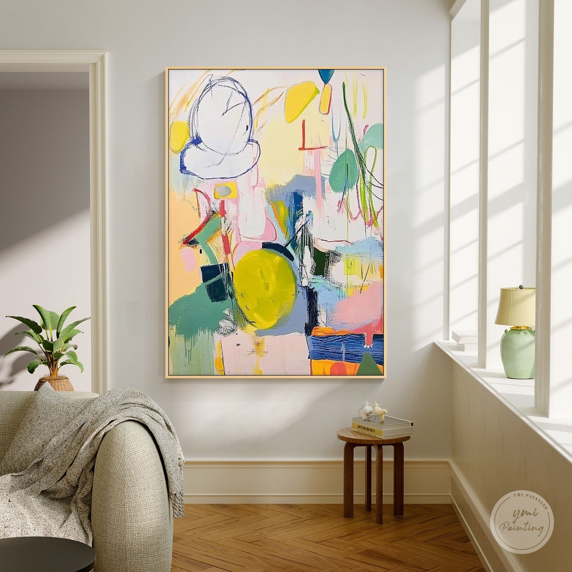 Colorful abstract modern wall art styled on a living room wall