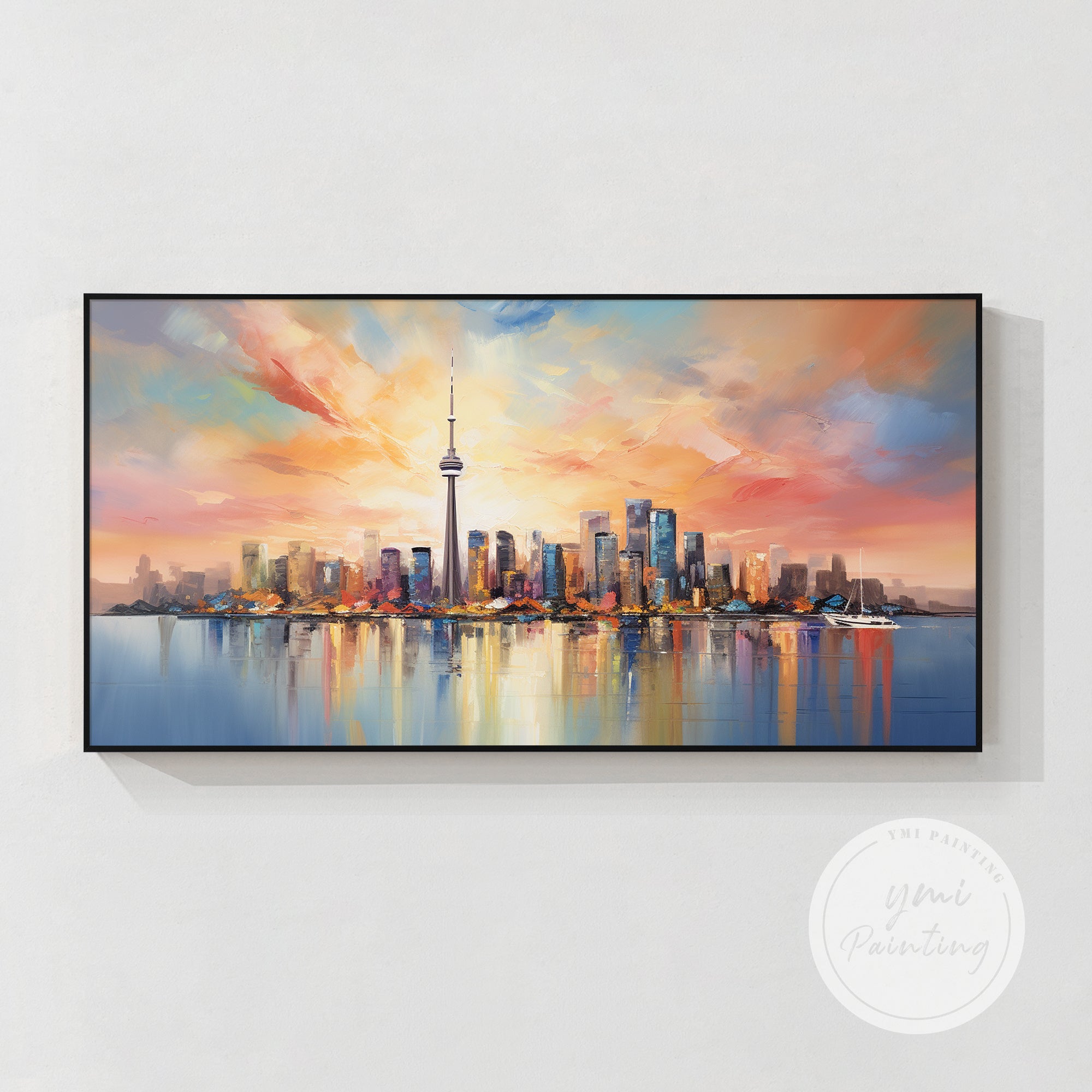 Toronto skyline canvas art with colorful sky reflection in bright living room