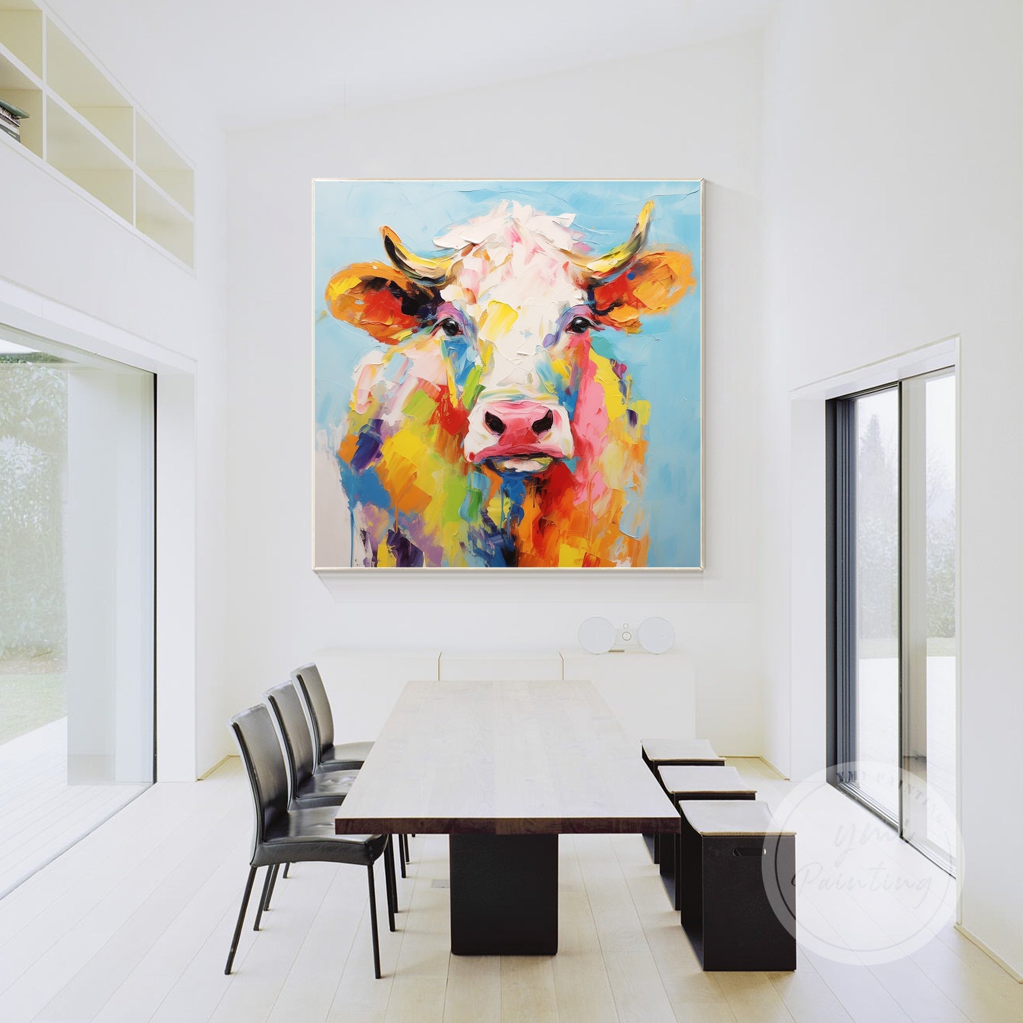 This hand-drawn cow portrait, set against a light blue background, brings a playful and lively vibe to modern space.