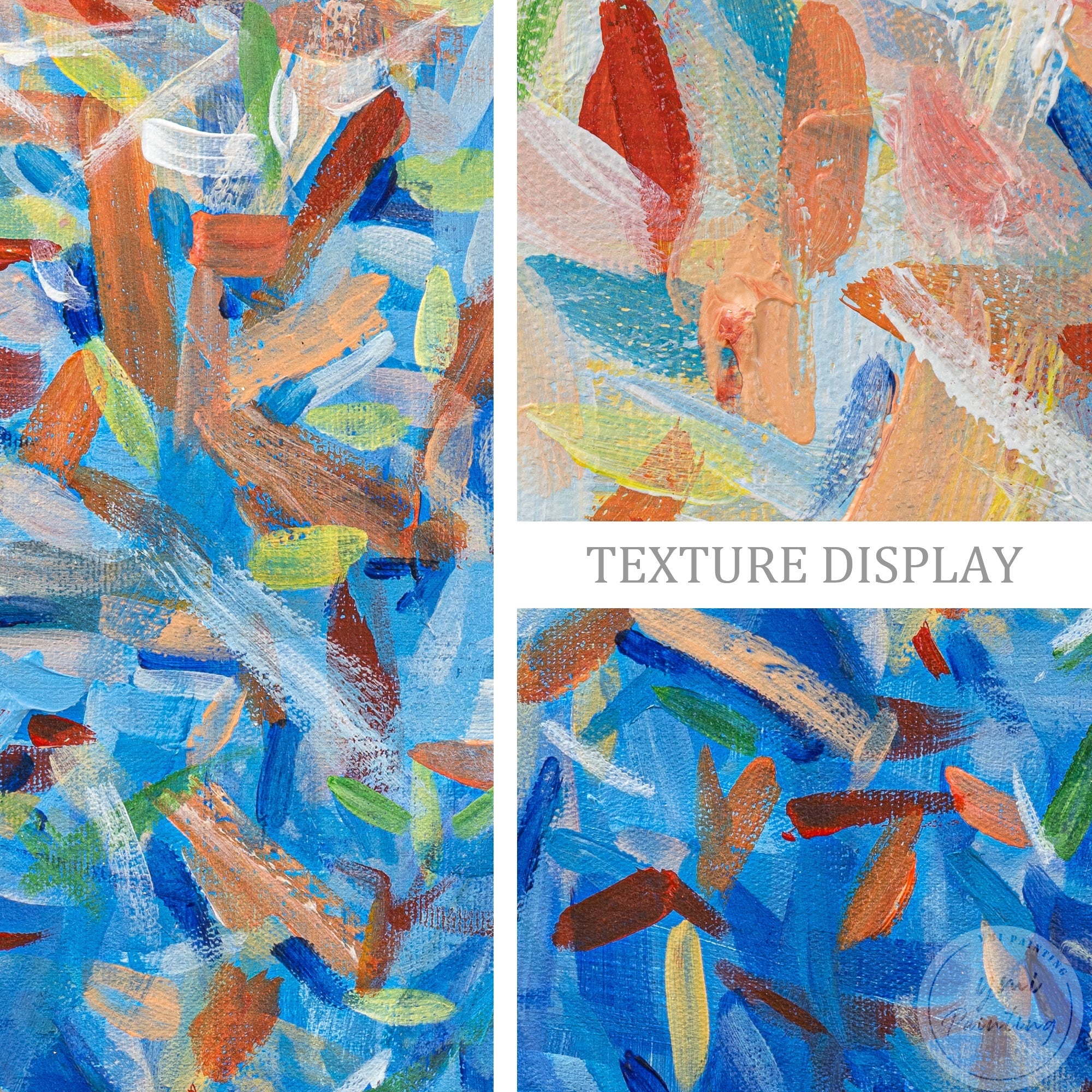 Abstract blue painting with orange, green, and pink strokes scattered across