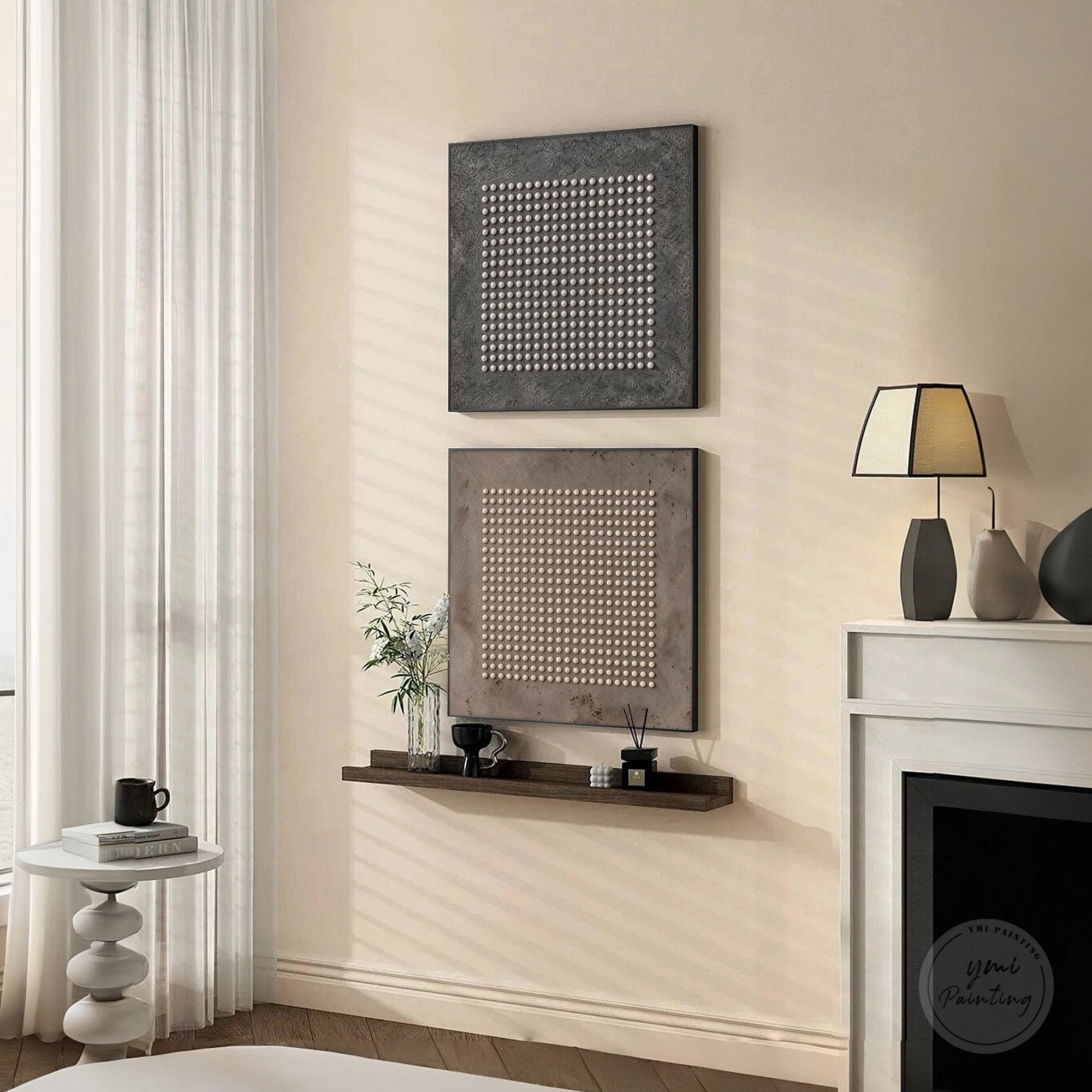 Beige and grey minimalist relief artwork panels
