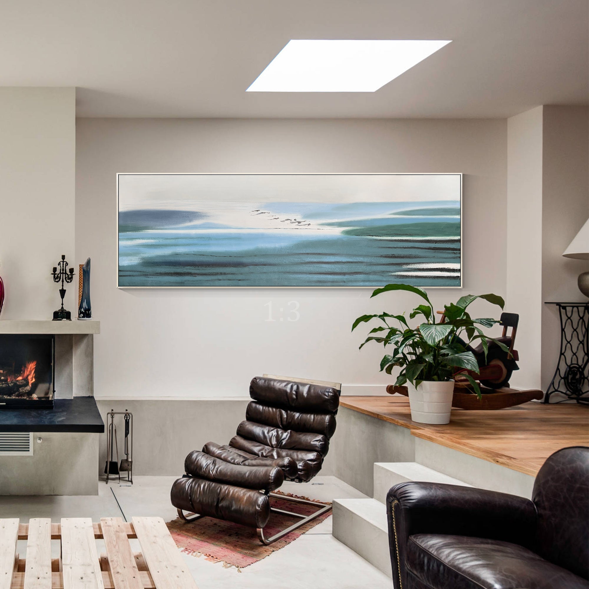 Contemporary abstract blue wall art with quiet tones and soft, flowing shapes like a lake view