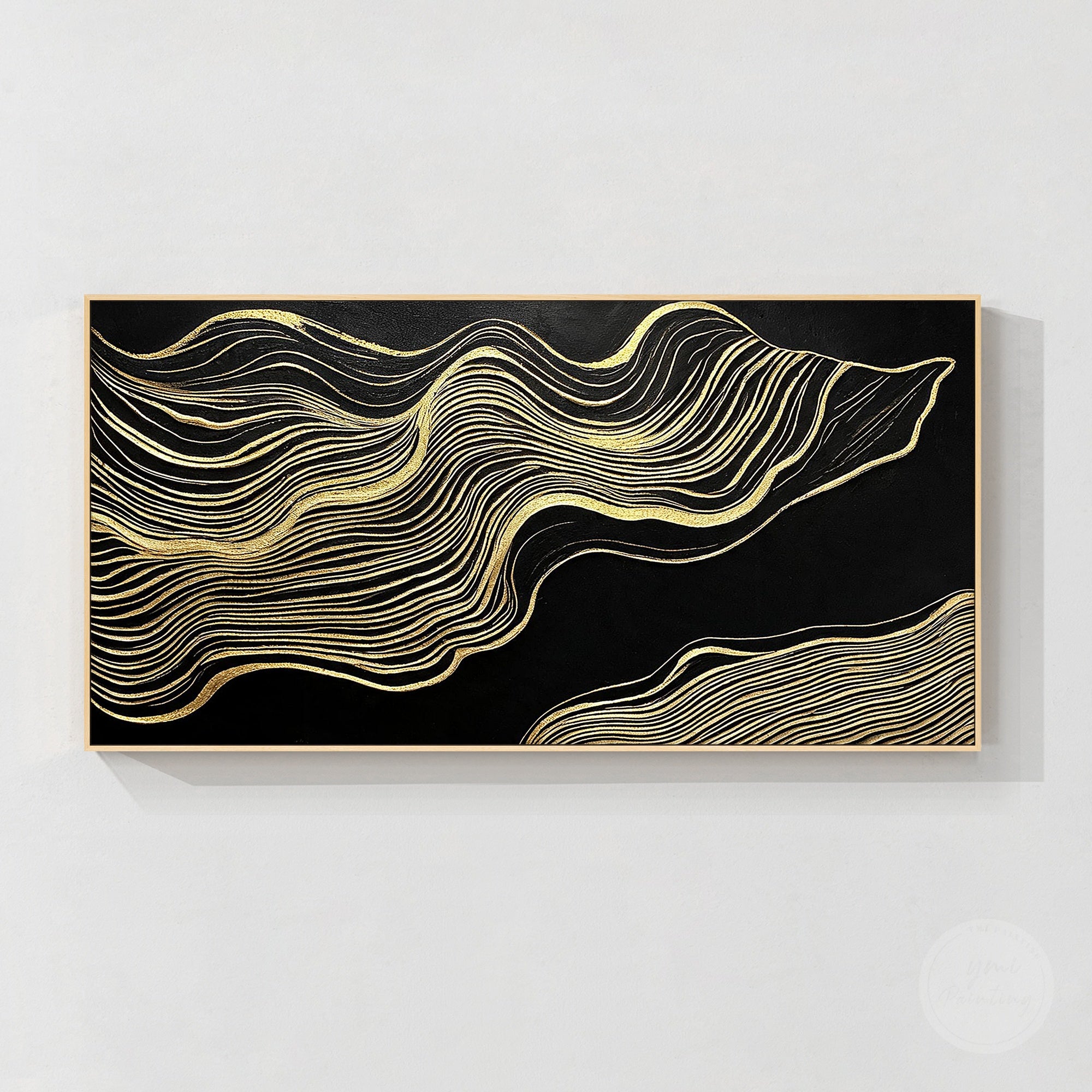 Black gold abstract wavy line wall art canvas