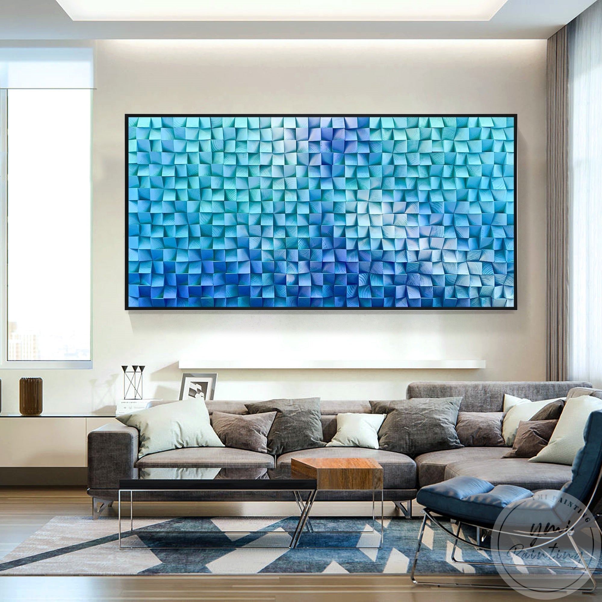 This horizontal artwork showcases a calming blue and teal gradient, with geometric shapes adding texture and elegance to contemporary bedroom spaces.