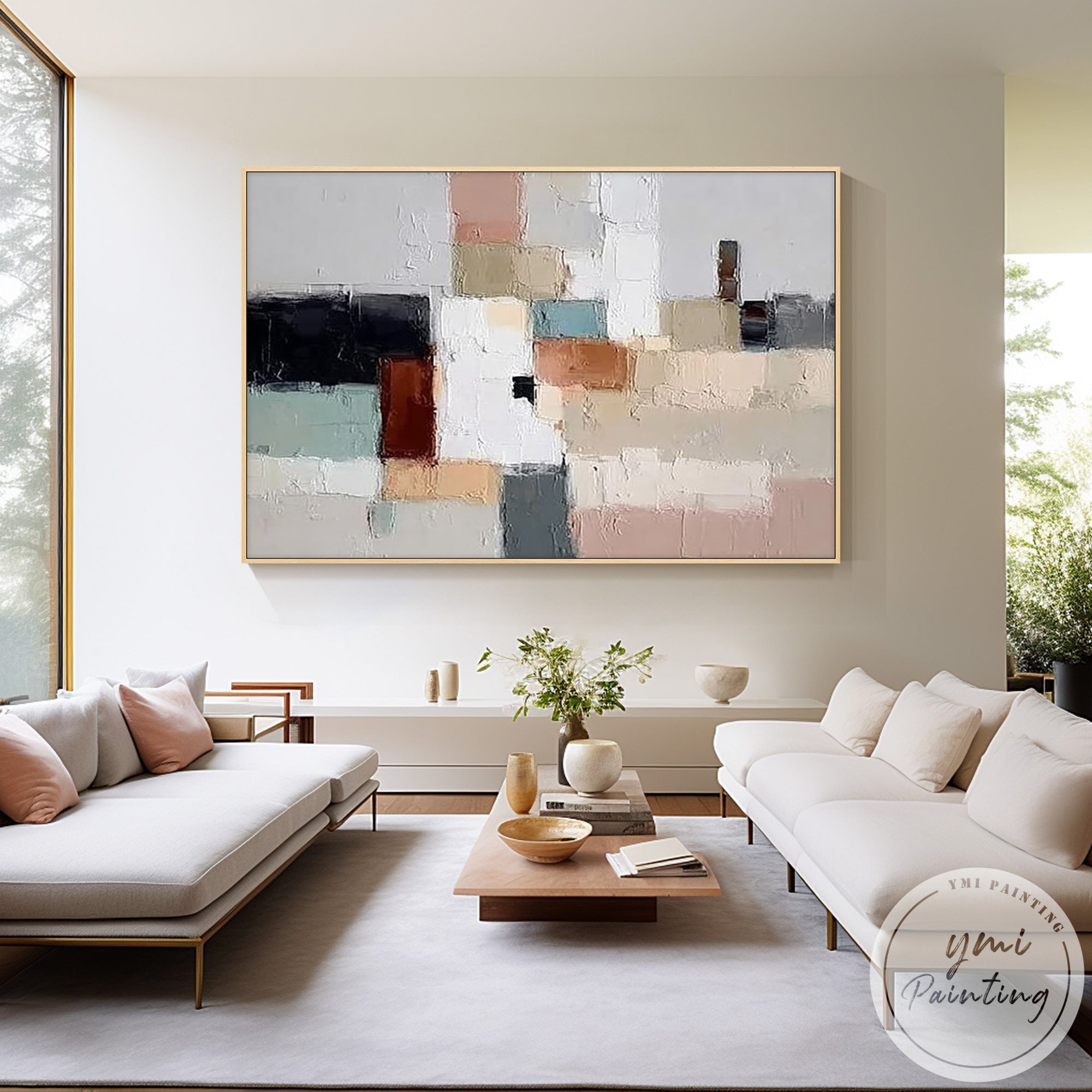 White beige and black abstract canvas painting above contemporary sofa