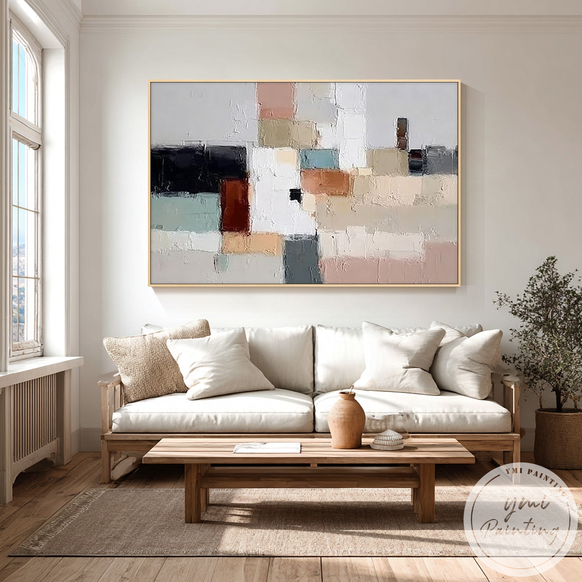 Minimalist geometric wall decor with textured neutral tones in bedroom