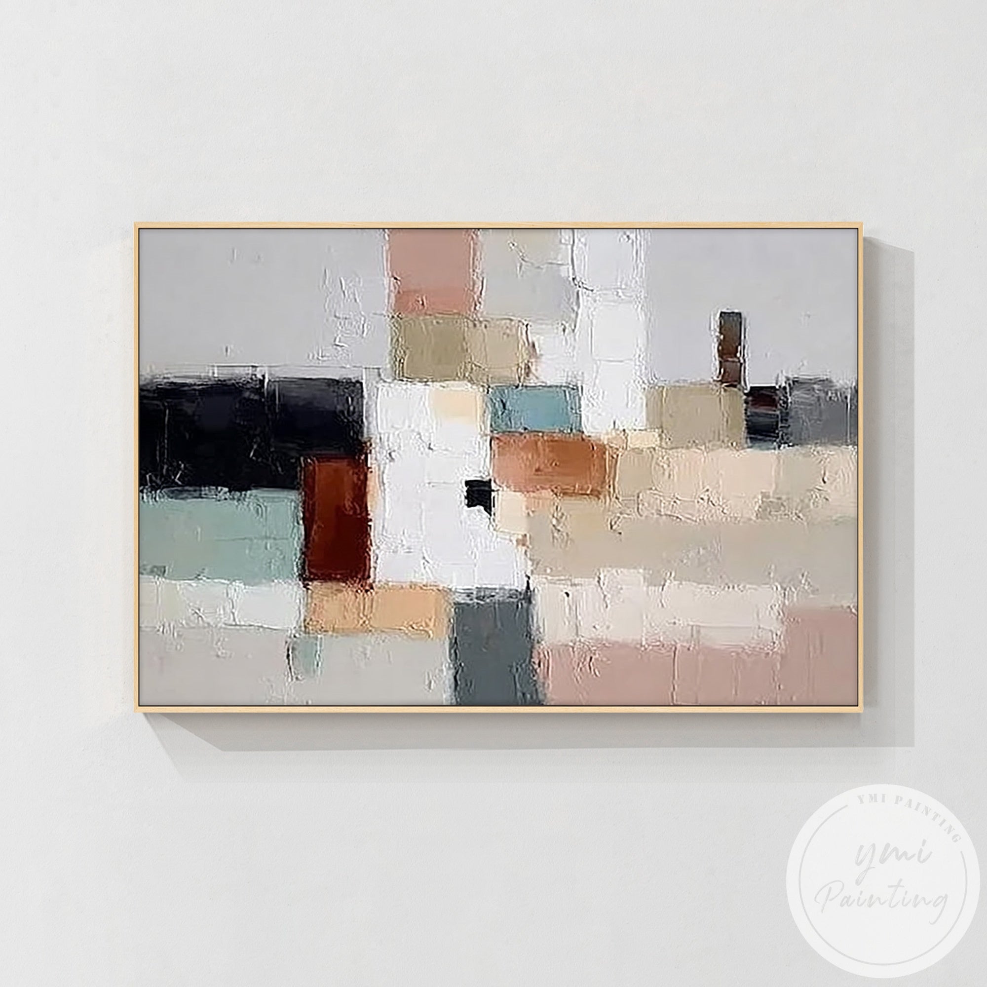 Beige white and black abstract wall art in modern dining room setting