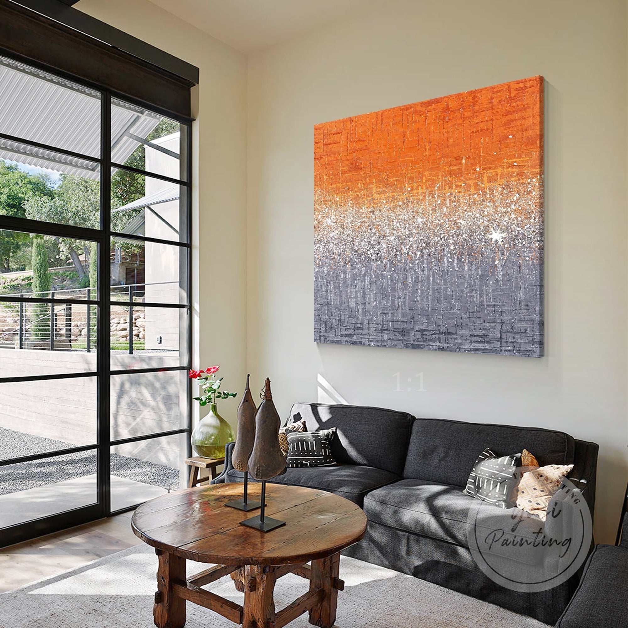 Sparkling abstract painting with orange, grey, and crush glass elements.
