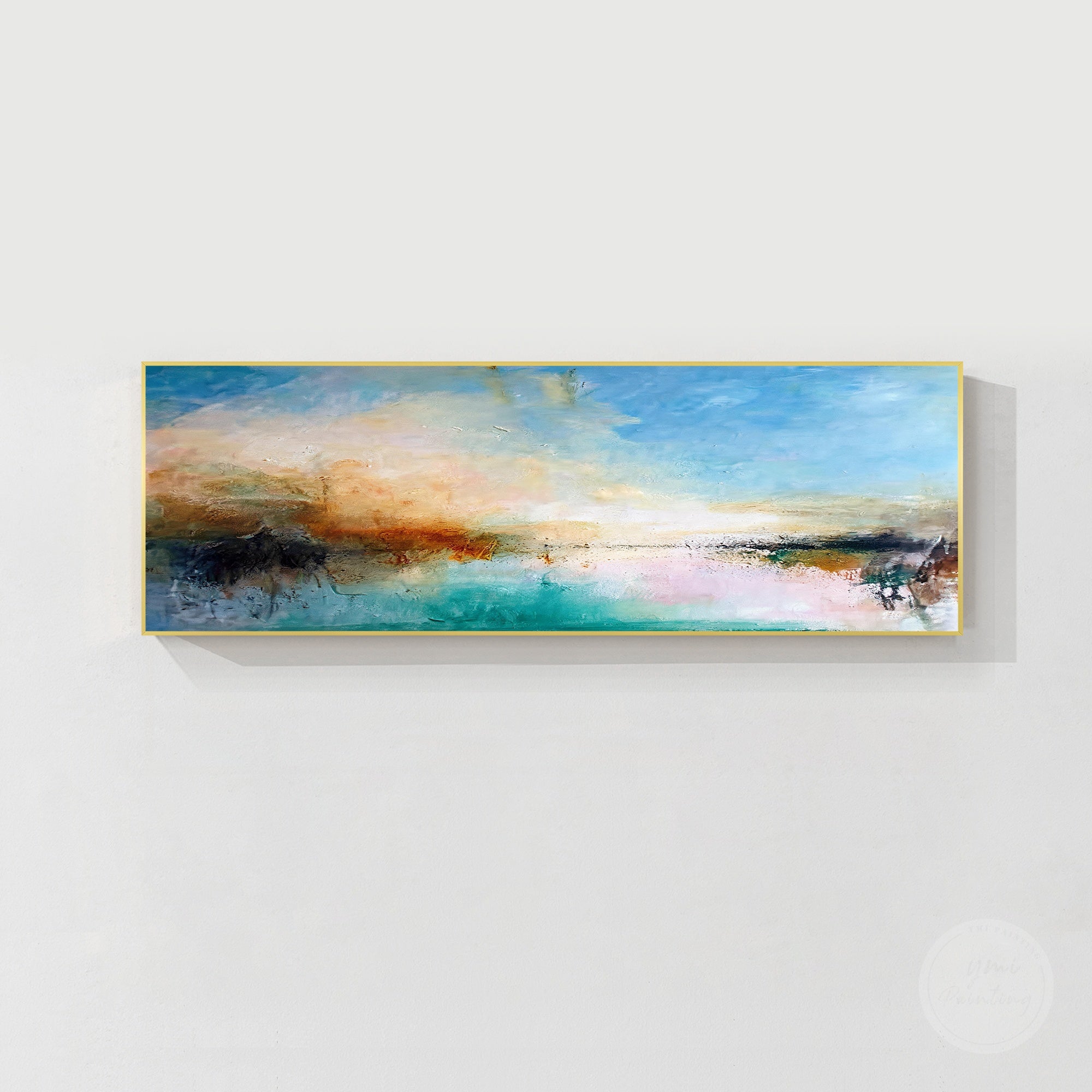 Contemporary abstract artwork in blue and warm tones
