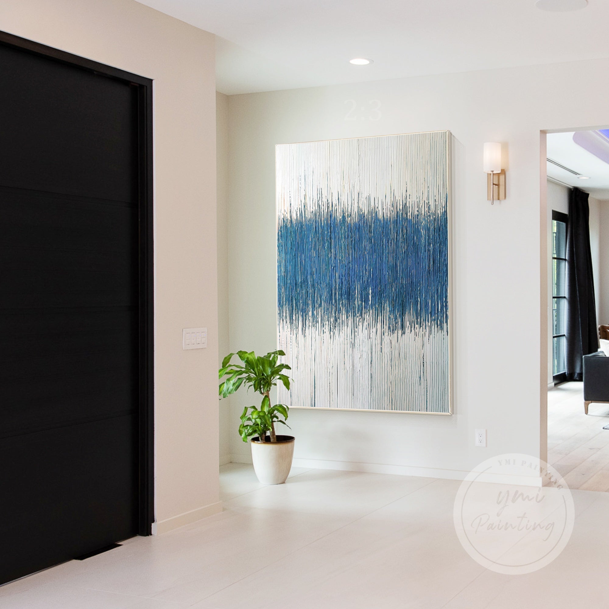 Vertical abstract art with textured blue lines