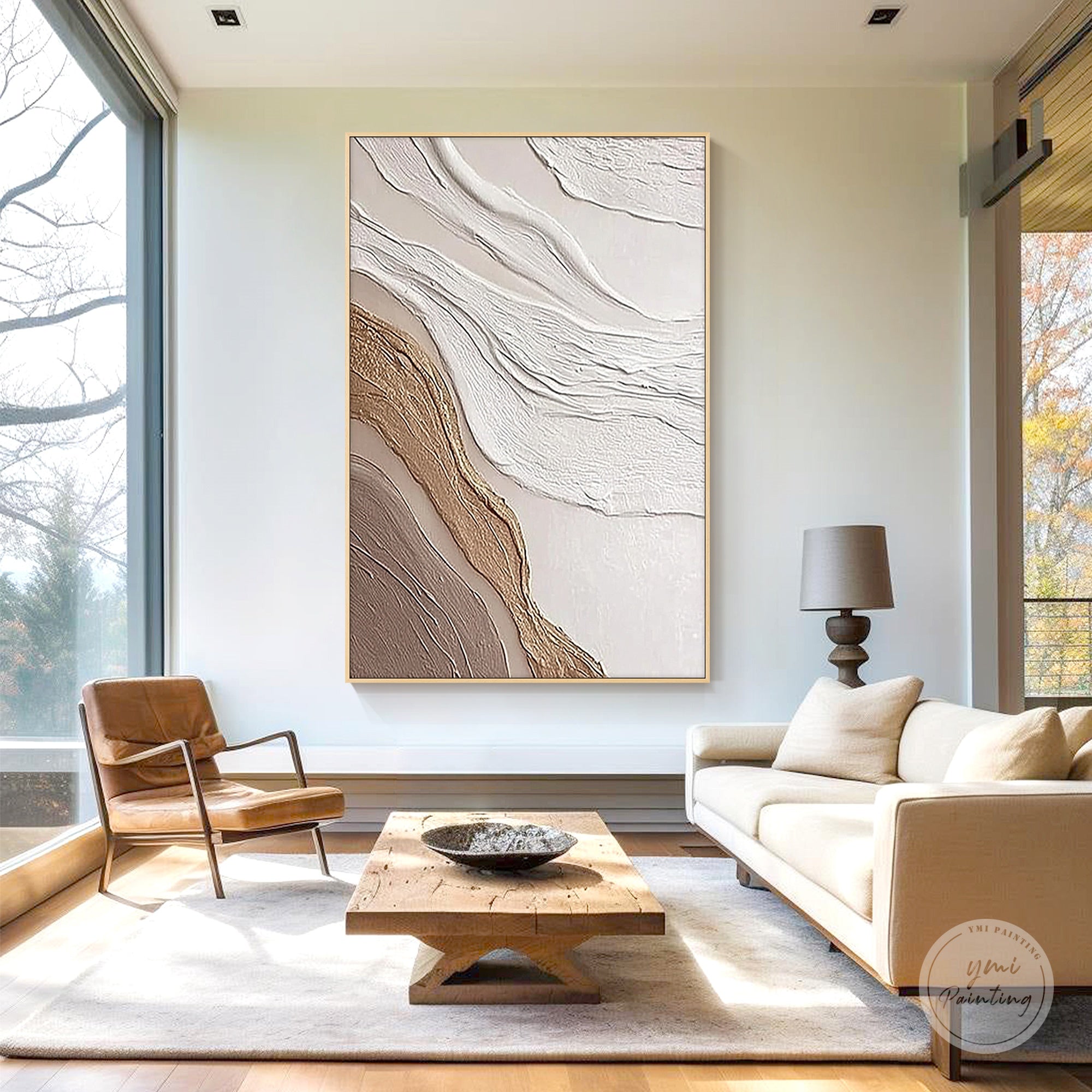 Textured beige and brown abstract painting with flowing lines