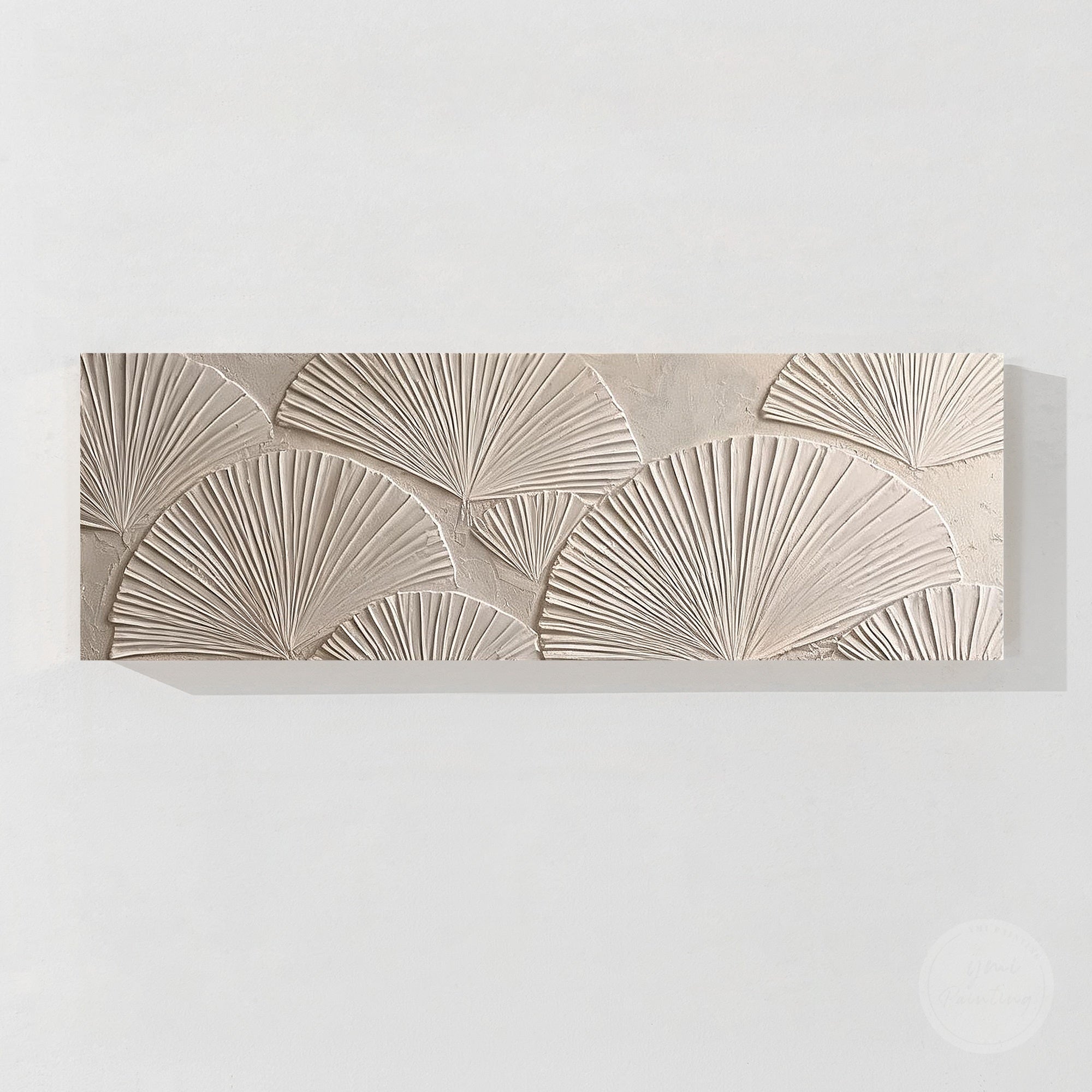Neutral textured abstract wall art with fan shaped relief design