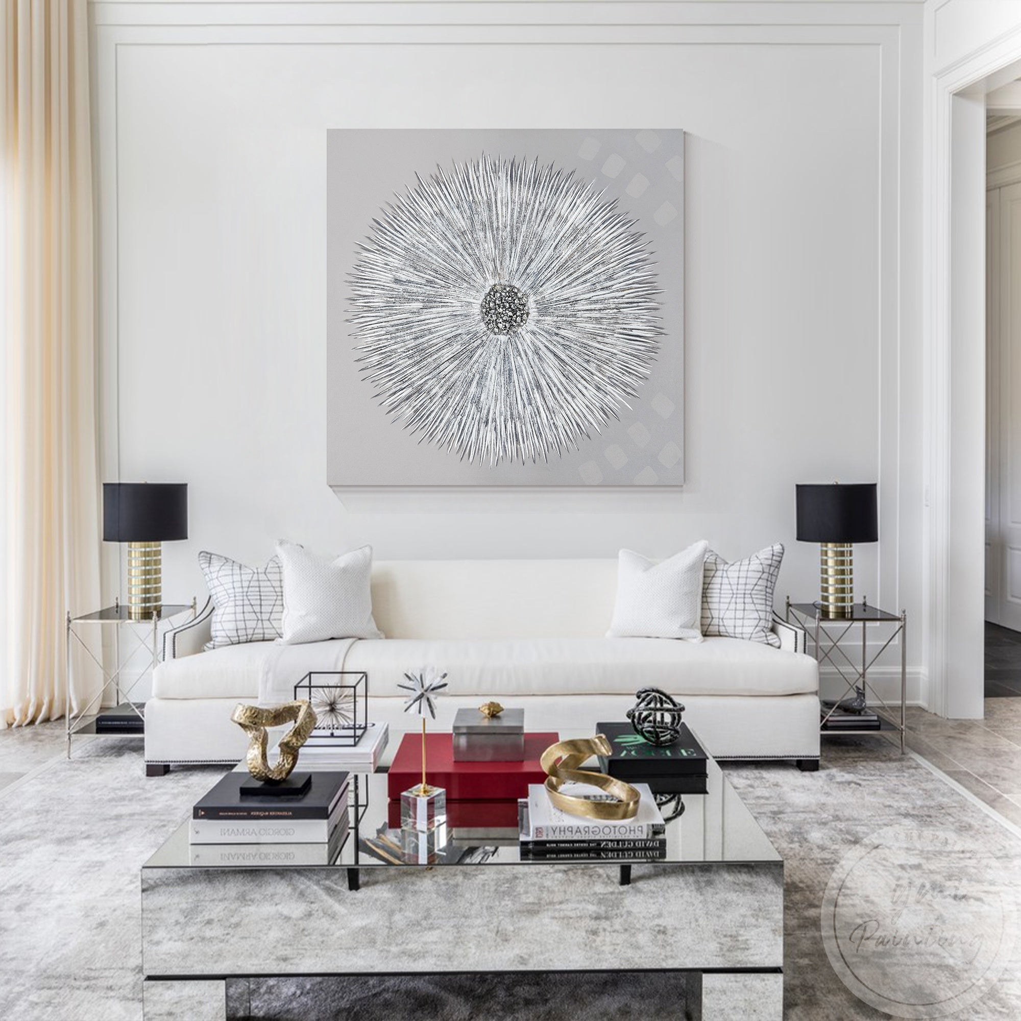 Luxury metallic floral painting with silver dandelion