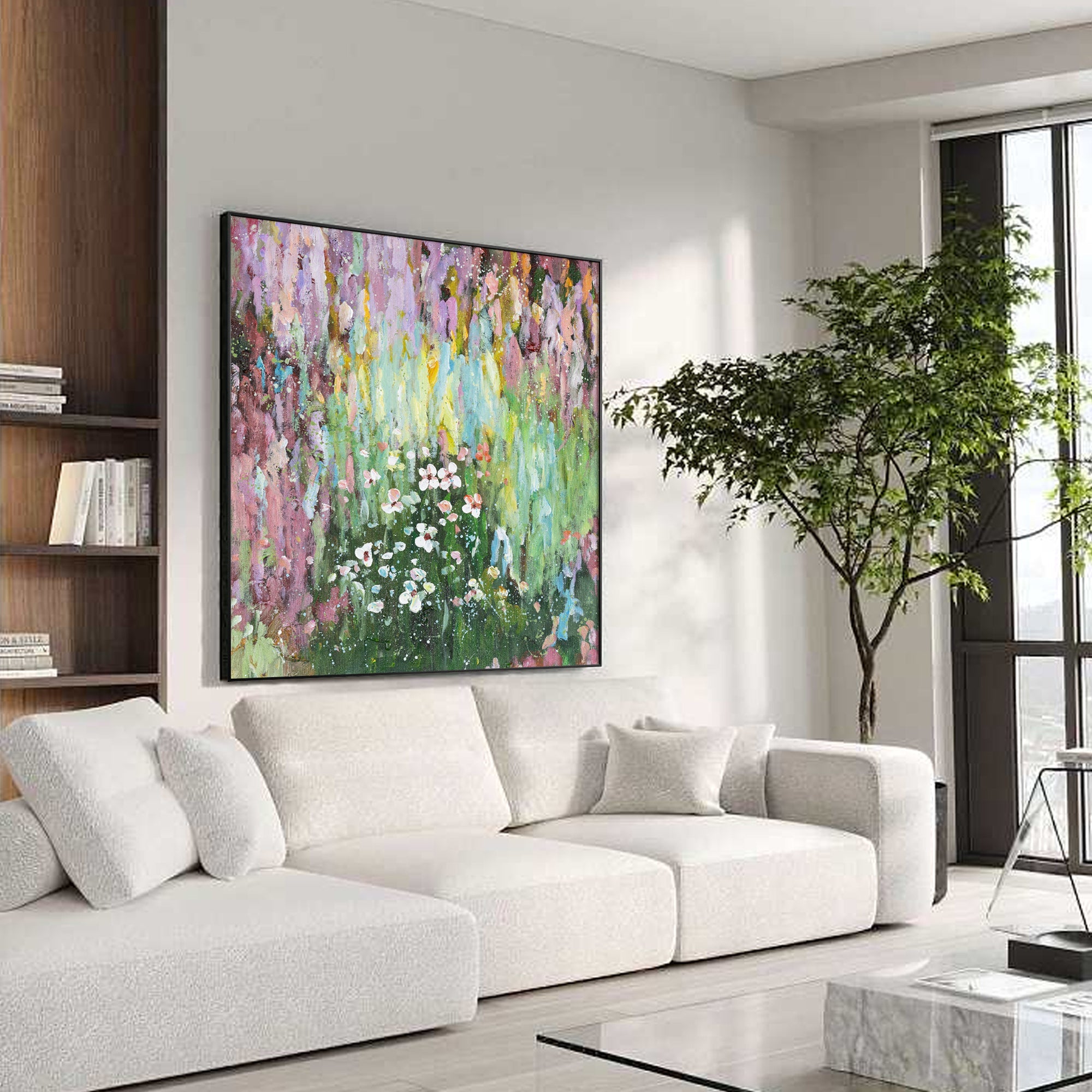 Decorative square canvas with pastel pink border, soft green interior, and tiny flower accents.