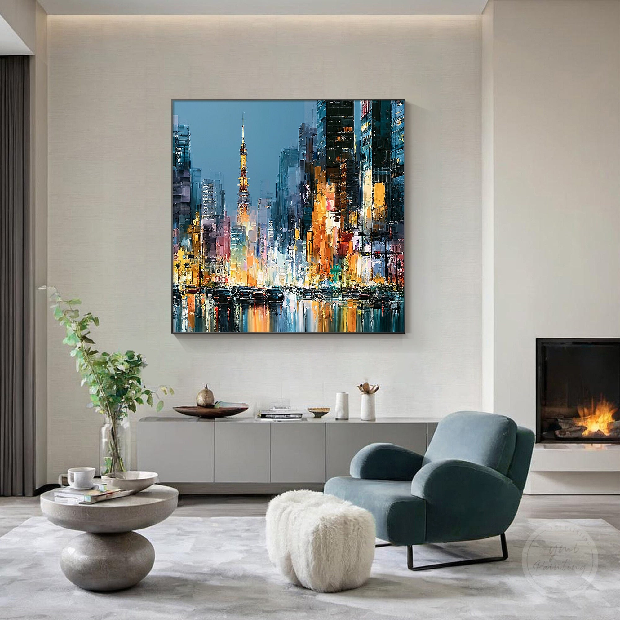 Modern Tokyo city painting with illuminated streets