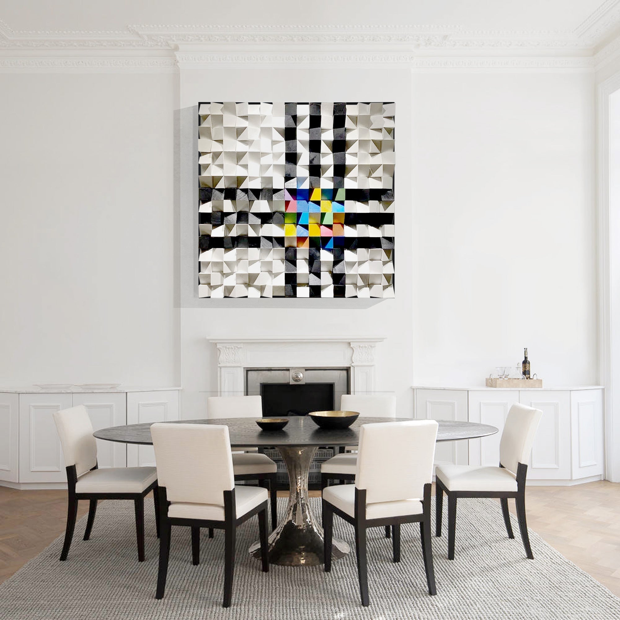 Wood art with a black and white checkered background, featuring varying layers and pops of color for visual depth and complexity.