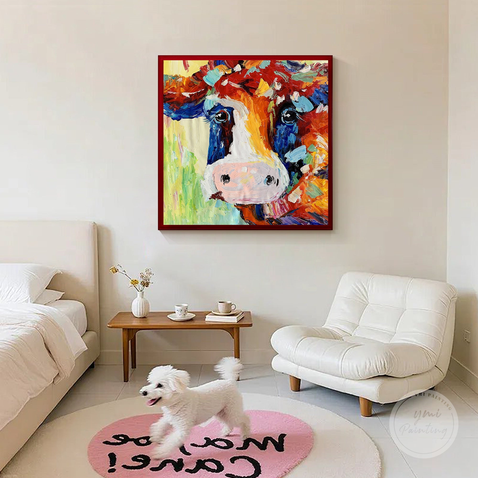 Original cow oil painting on canvas with a custom frame box, adding depth and artistic presence.